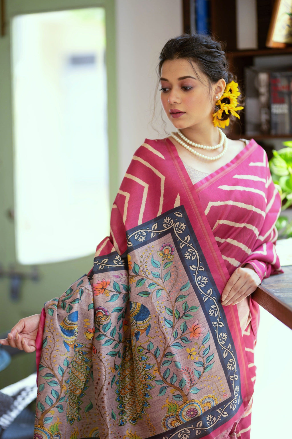 Jyoti Fashion Women's Pink Tussar Silk Leheriya Print with Zari Border Saree with Blouse