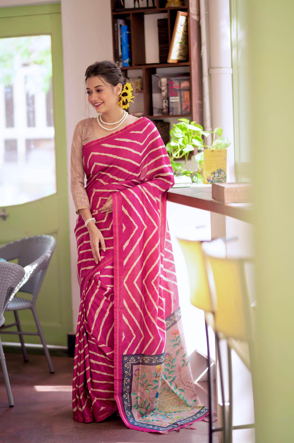 Jyoti Fashion Women's Pink Tussar Silk Leheriya Print with Zari Border Saree with Blouse