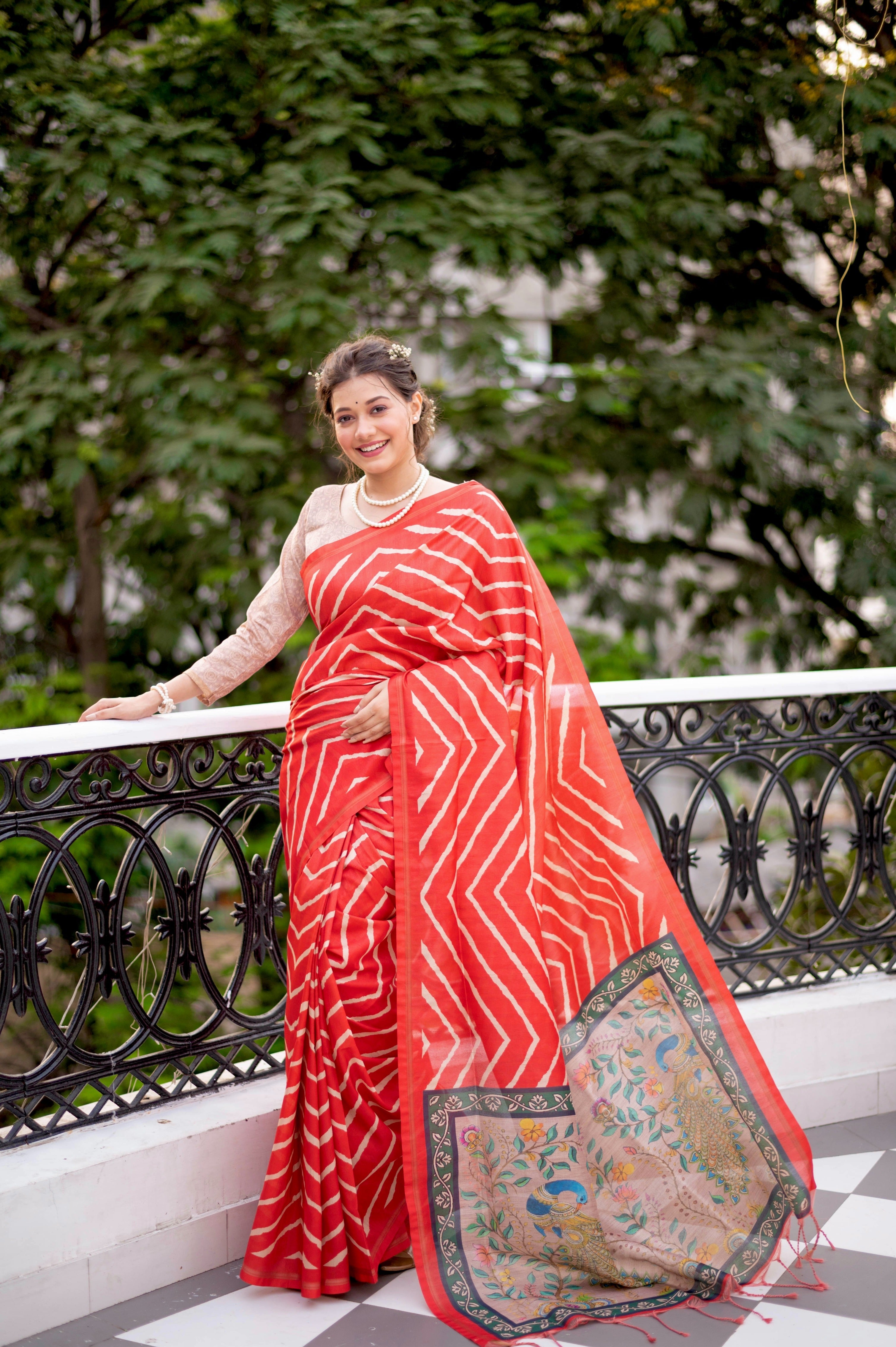 Jyoti Fashion Women's Red Tussar Silk Leheriya Print with Zari Border Saree with Blouse