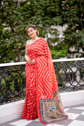 Jyoti Fashion Women's Red Tussar Silk Leheriya Print with Zari Border Saree with Blouse