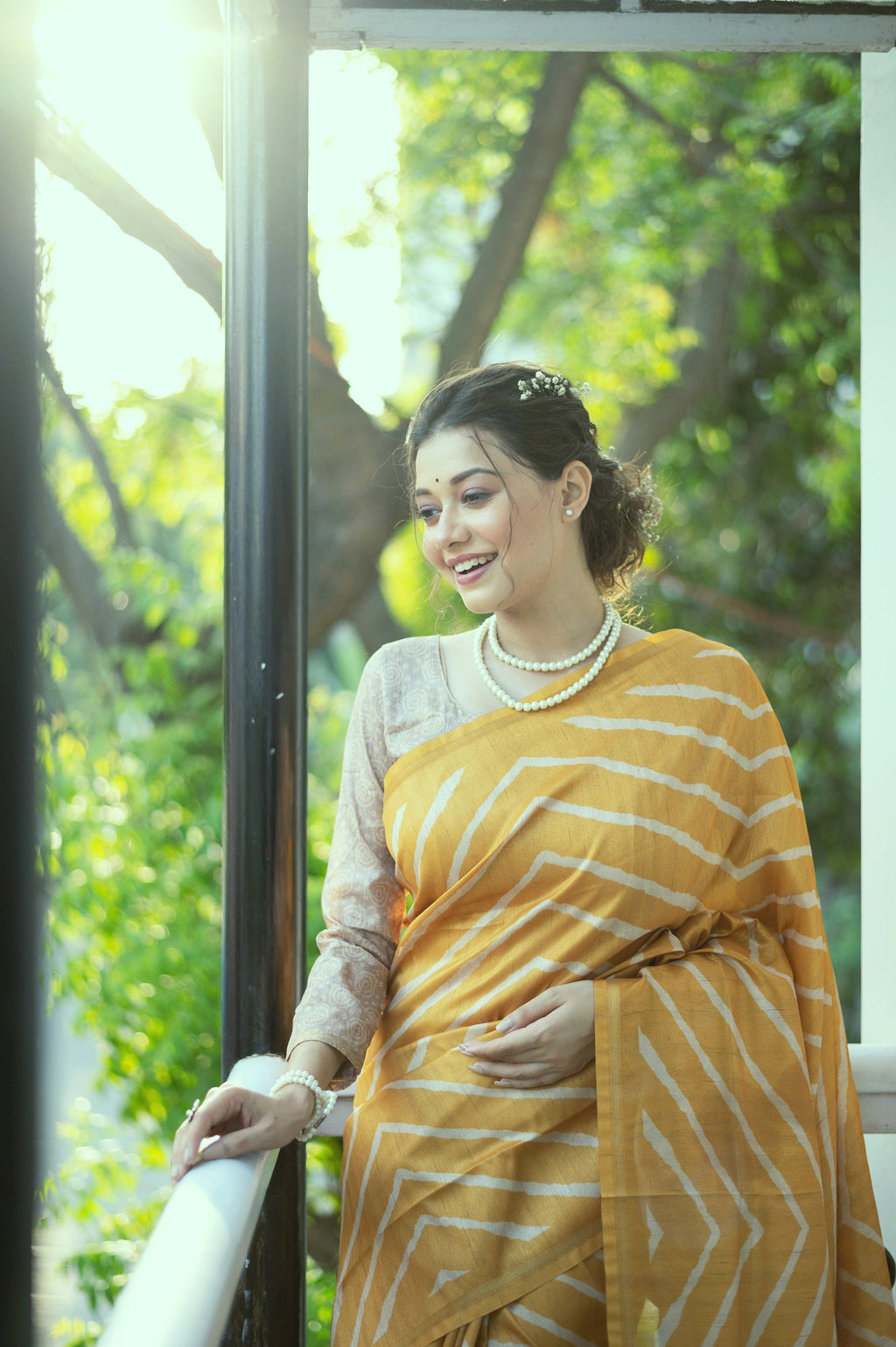 Jyoti Fashion Women's Yellow Tussar Silk Leheriya Print with Zari Border Saree with Blouse