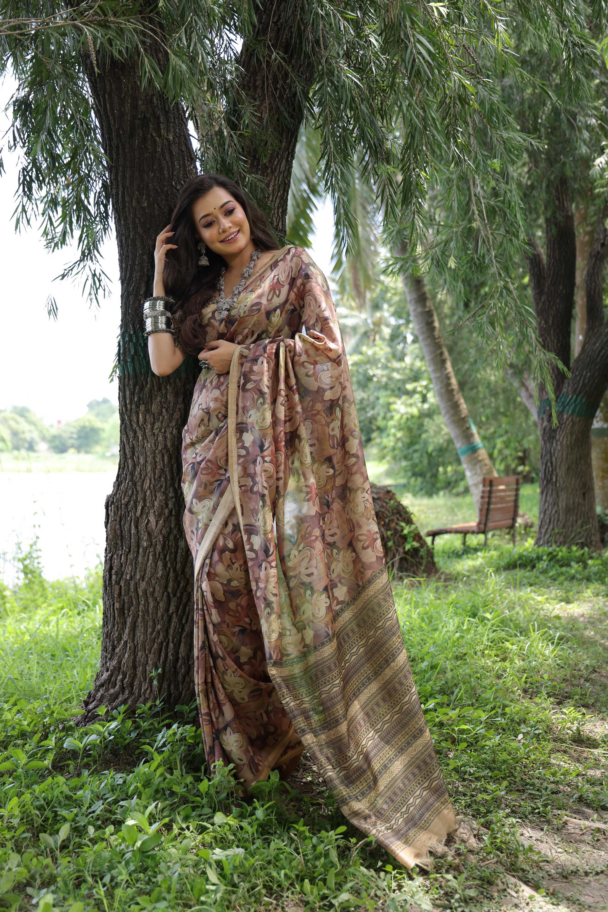 Jyoti Fashion Women's Coffee Soft Tussar Silk Printed and Zari Woven Saree with Blouse