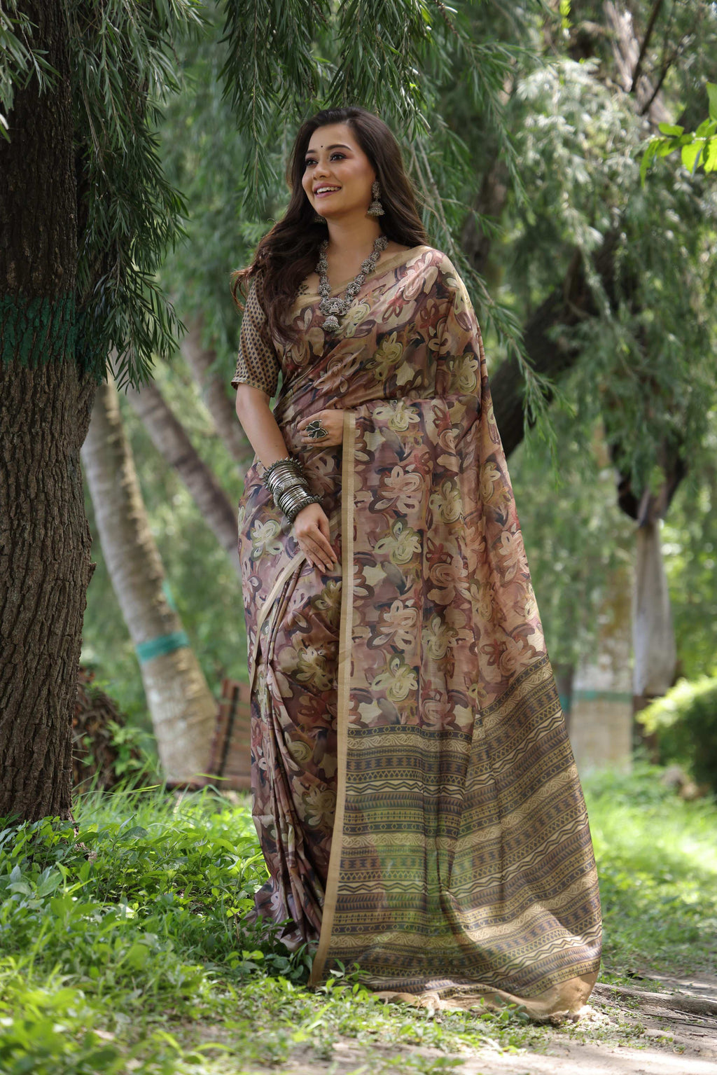 Jyoti Fashion Women's Coffee Soft Tussar Silk Printed and Zari Woven Saree with Blouse