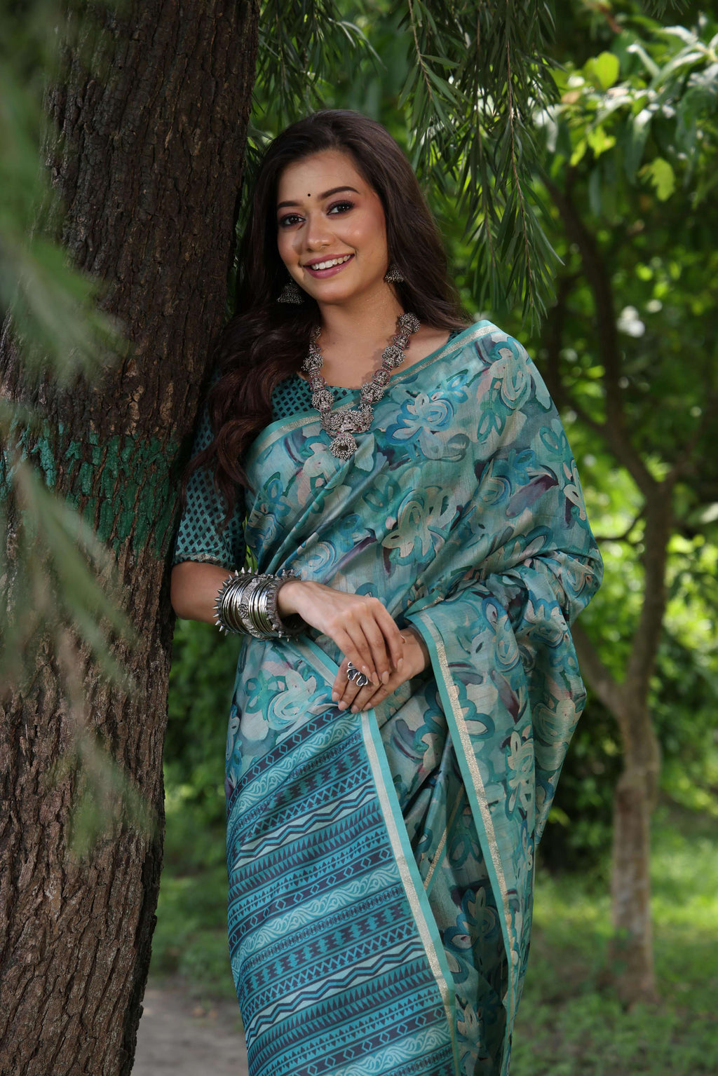 Jyoti Fashion Women's Sky Blue Soft Tussar Silk Printed and Zari Woven Saree with Blouse