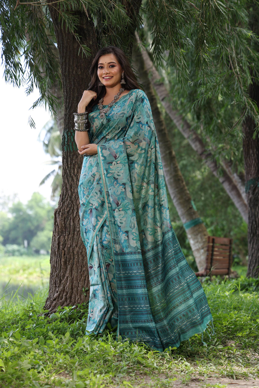 Jyoti Fashion Women's Sky Blue Soft Tussar Silk Printed and Zari Woven Saree with Blouse