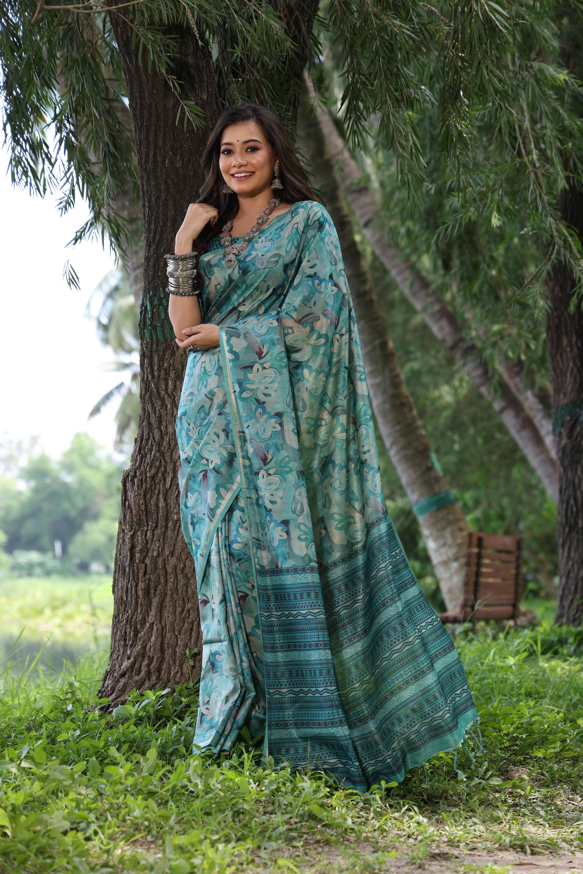 Jyoti Fashion Women's Sky Blue Soft Tussar Silk Printed and Zari Woven Saree with Blouse