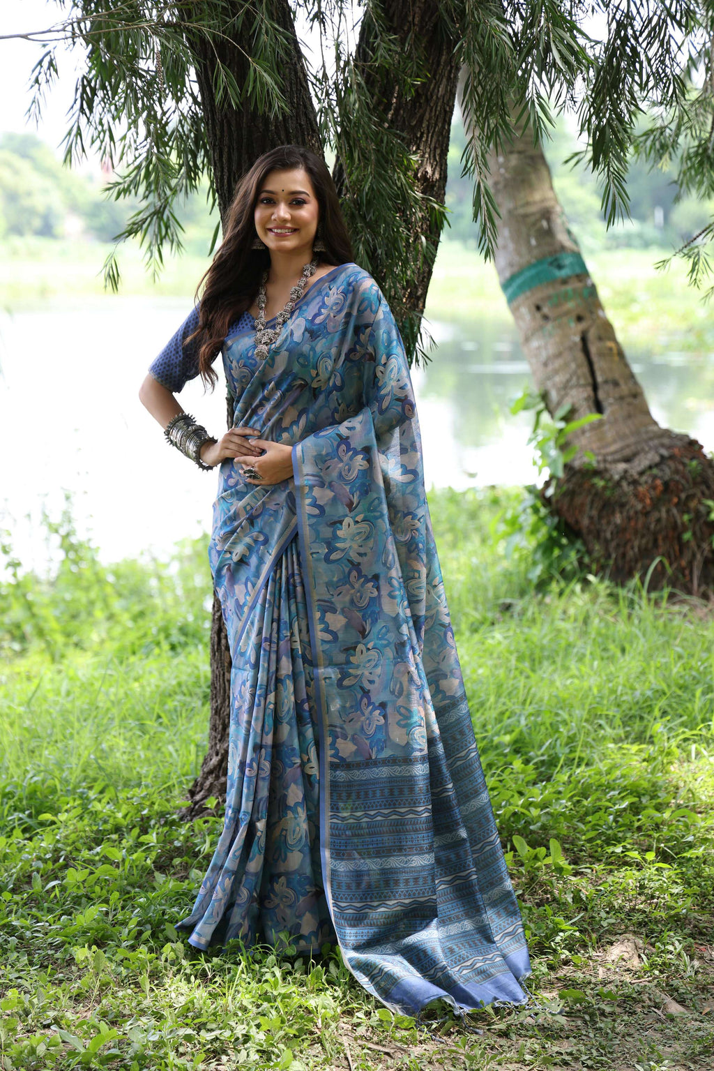 Jyoti Fashion Women's Blue Soft Tussar Silk Printed and Zari Woven Saree with Blouse