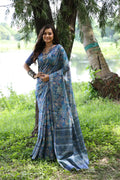 Jyoti Fashion Women's Blue Soft Tussar Silk Printed and Zari Woven Saree with Blouse