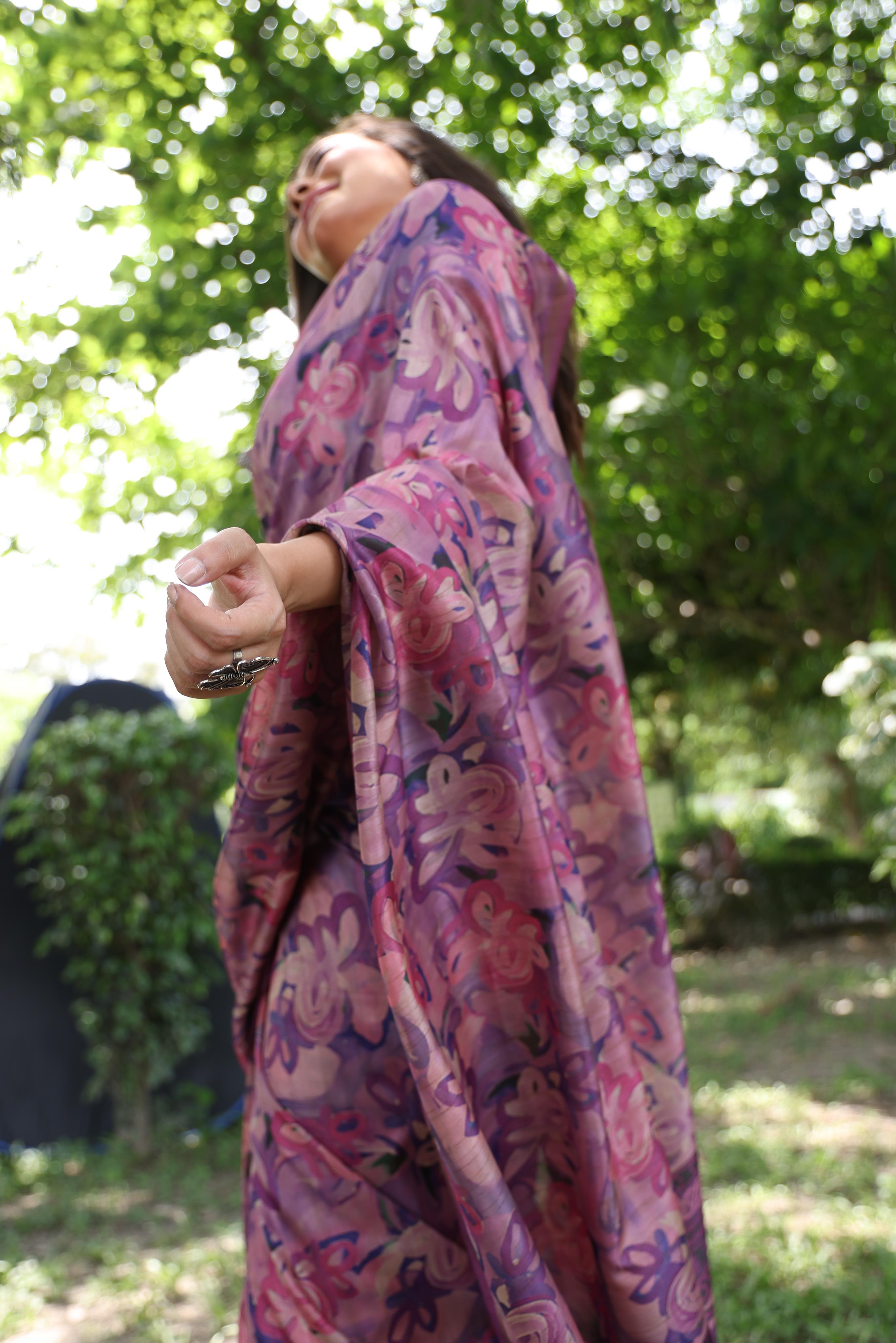 Jyoti Fashion Women's Purple Soft Tussar Silk Printed and Zari Woven Saree with Blouse
