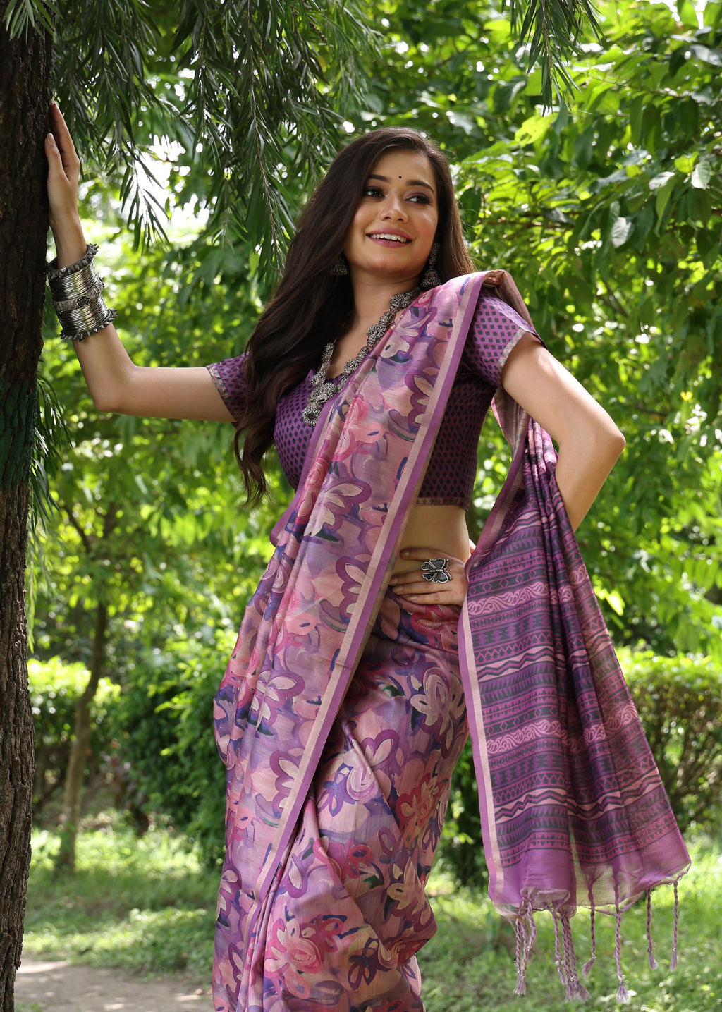 Jyoti Fashion Women's Purple Soft Tussar Silk Printed and Zari Woven Saree with Blouse
