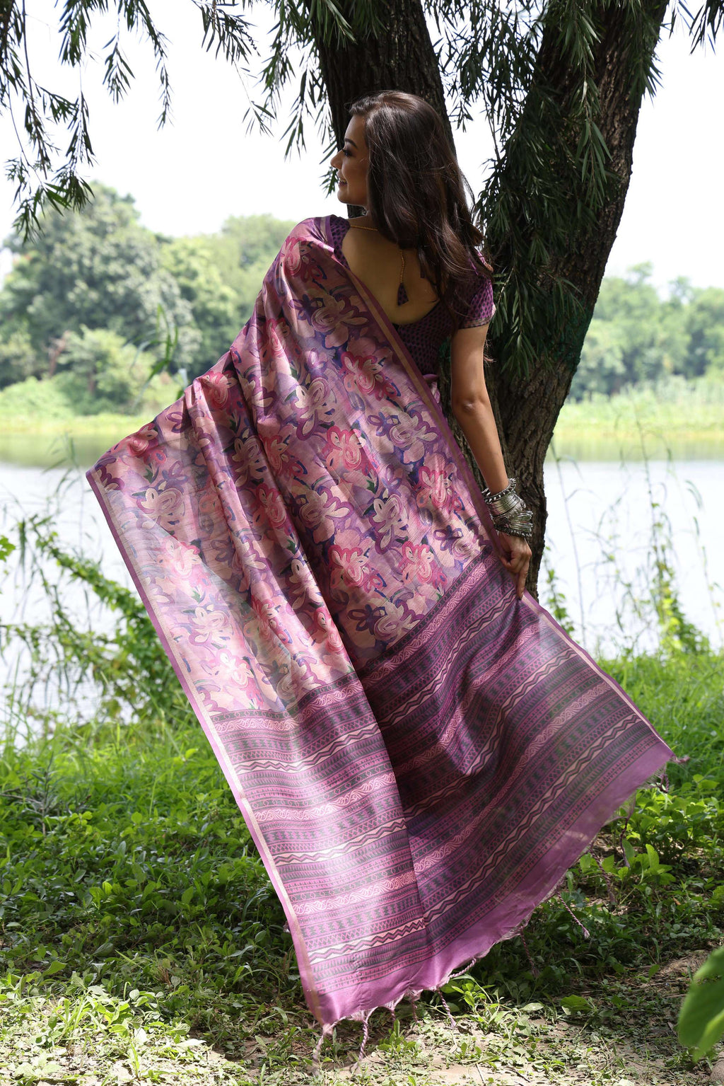 Jyoti Fashion Women's Purple Soft Tussar Silk Printed and Zari Woven Saree with Blouse