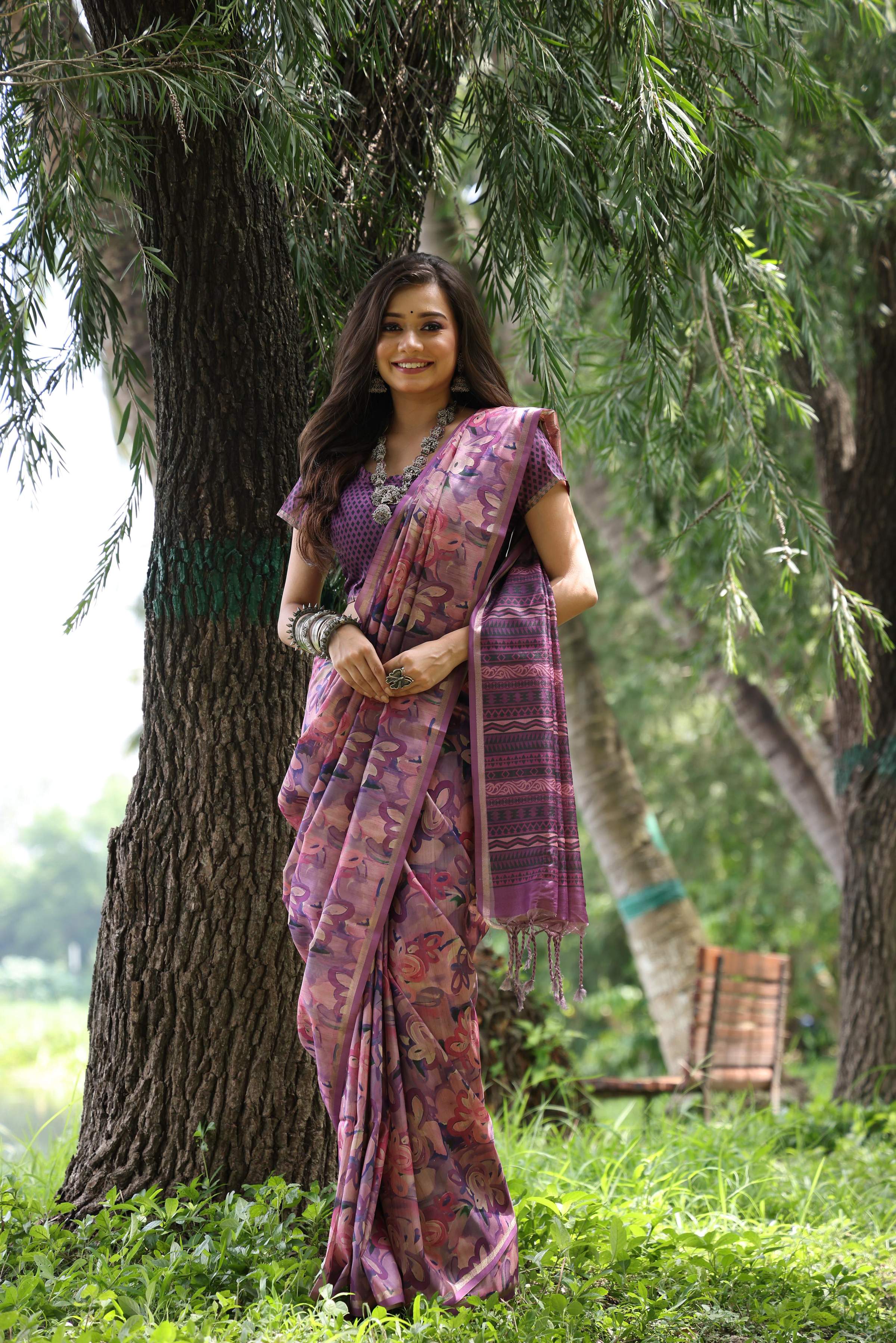 Jyoti Fashion Women's Purple Soft Tussar Silk Printed and Zari Woven Saree with Blouse