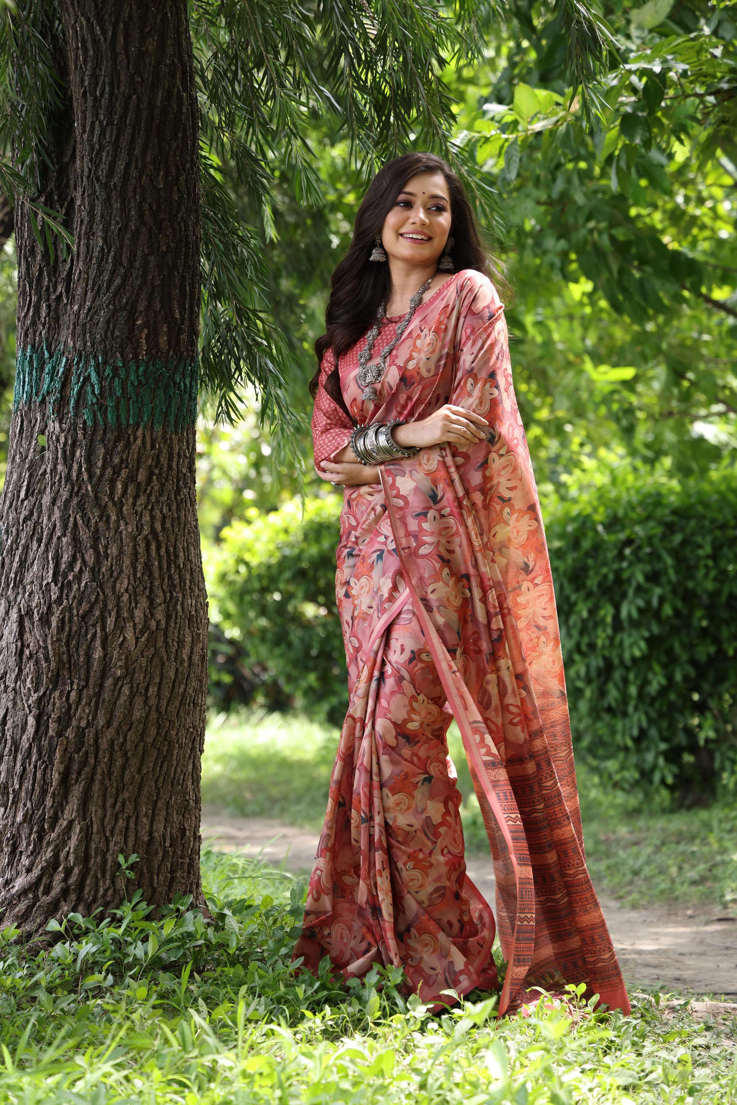 Jyoti Fashion Women's Maroon Soft Tussar Silk Printed and Zari Woven Saree with Blouse