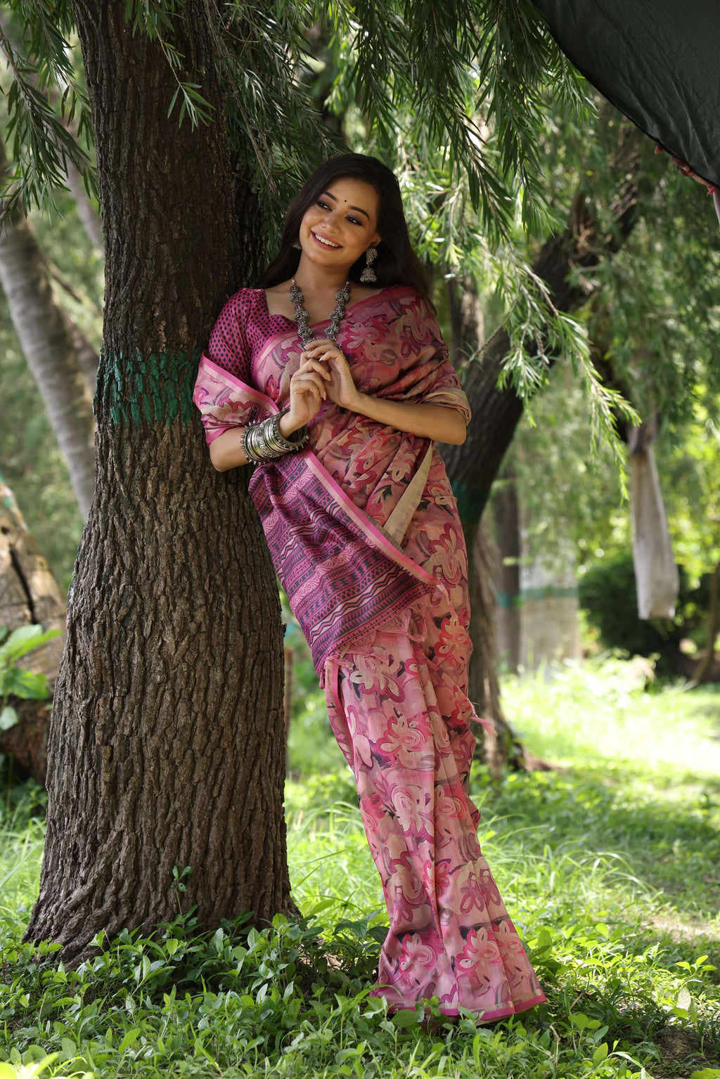 Jyoti Fashion Women's Wine Soft Tussar Silk Printed and Zari Woven Saree with Blouse