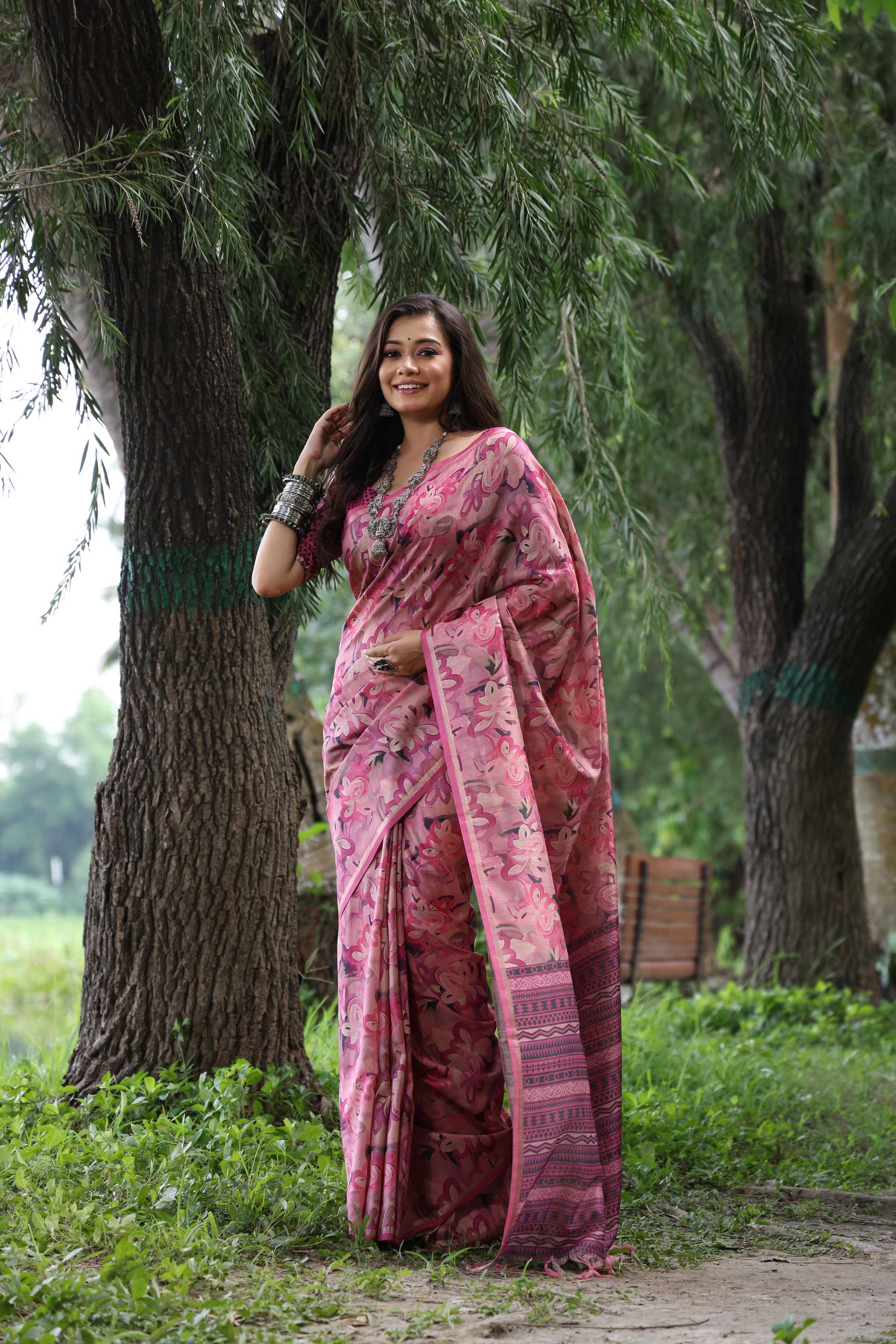 Jyoti Fashion Women's Wine Soft Tussar Silk Printed and Zari Woven Saree with Blouse