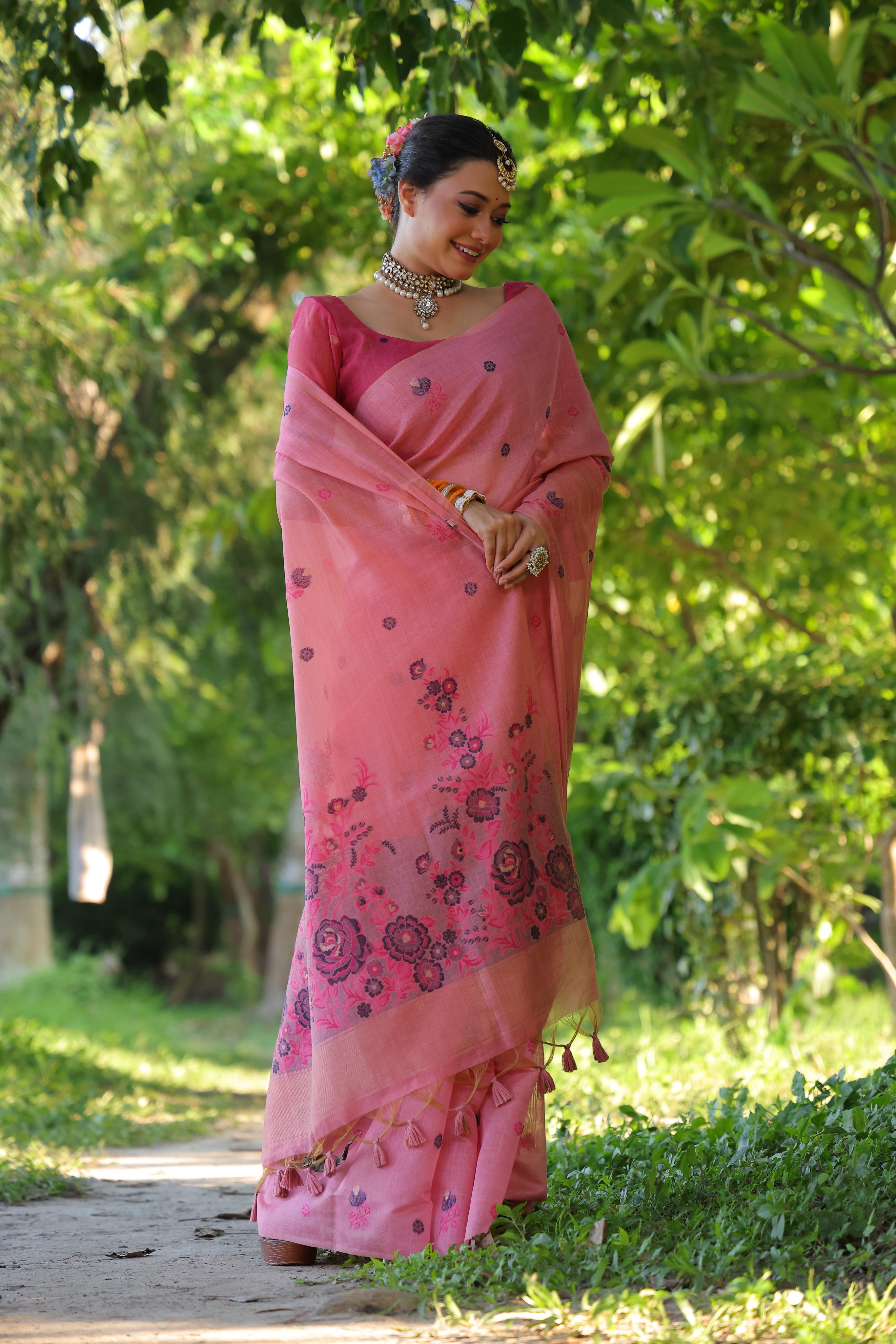 Jyoti Fashion Women's Pink Soft Muga Cotton Floral Weaving Traditional Saree with Blouse