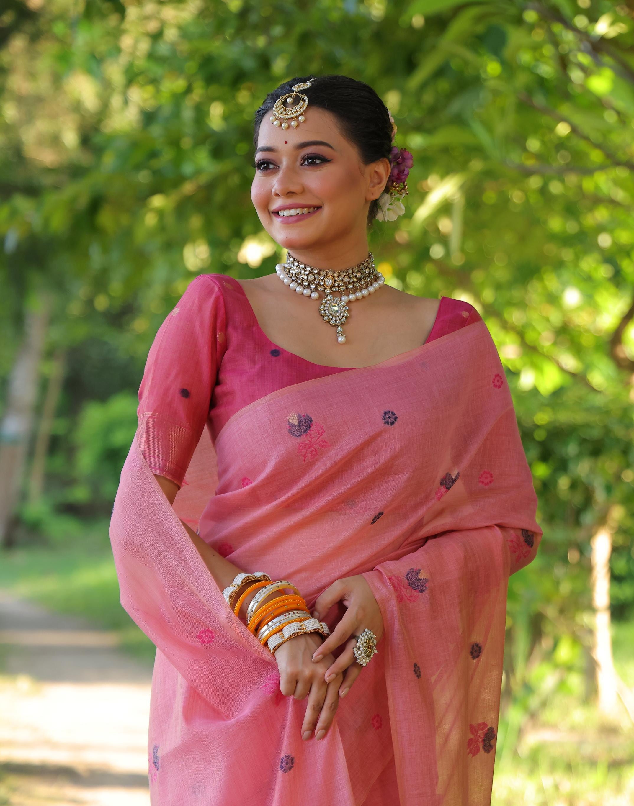 Jyoti Fashion Women's Pink Soft Muga Cotton Floral Weaving Traditional Saree with Blouse