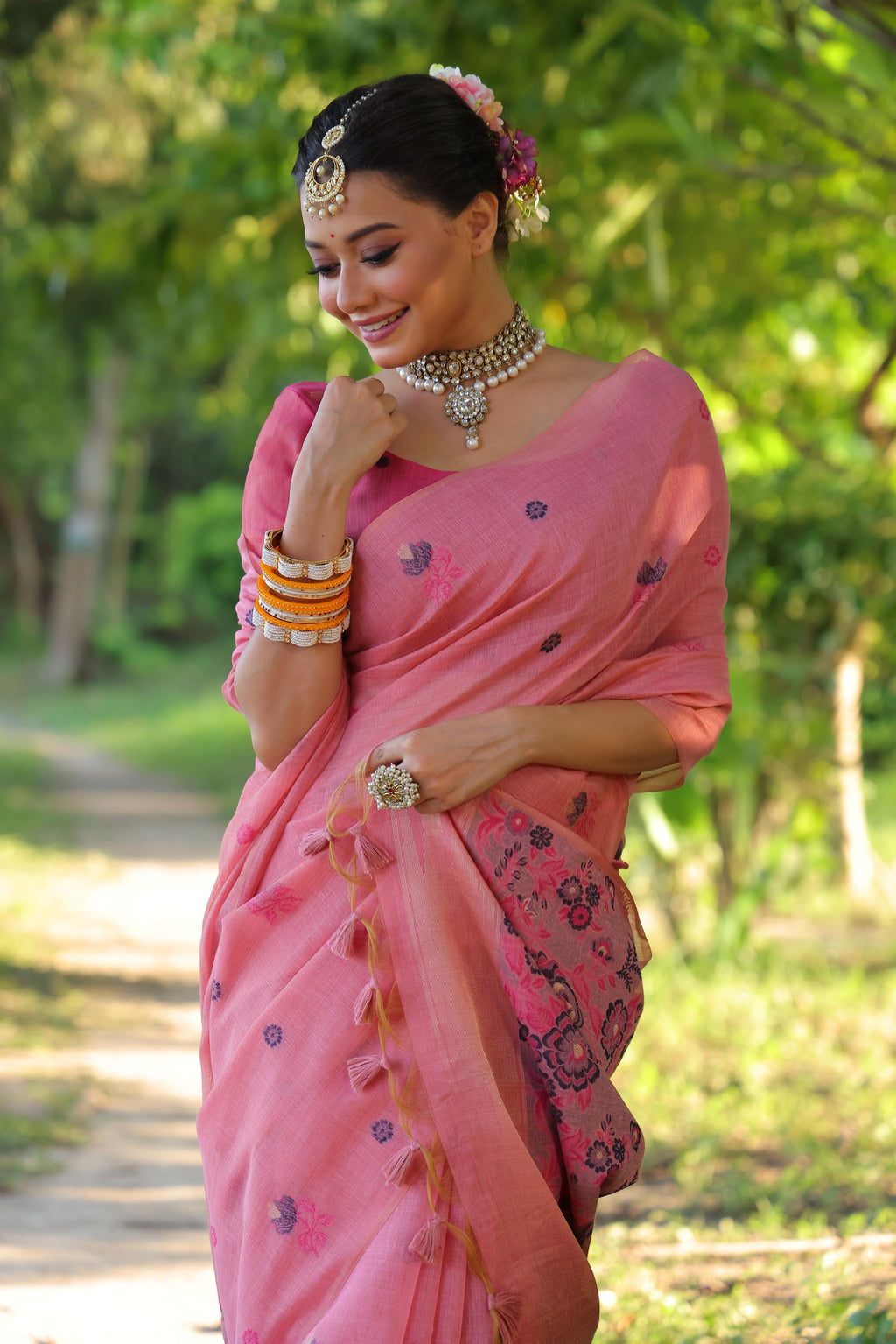 Jyoti Fashion Women's Pink Soft Muga Cotton Floral Weaving Traditional Saree with Blouse