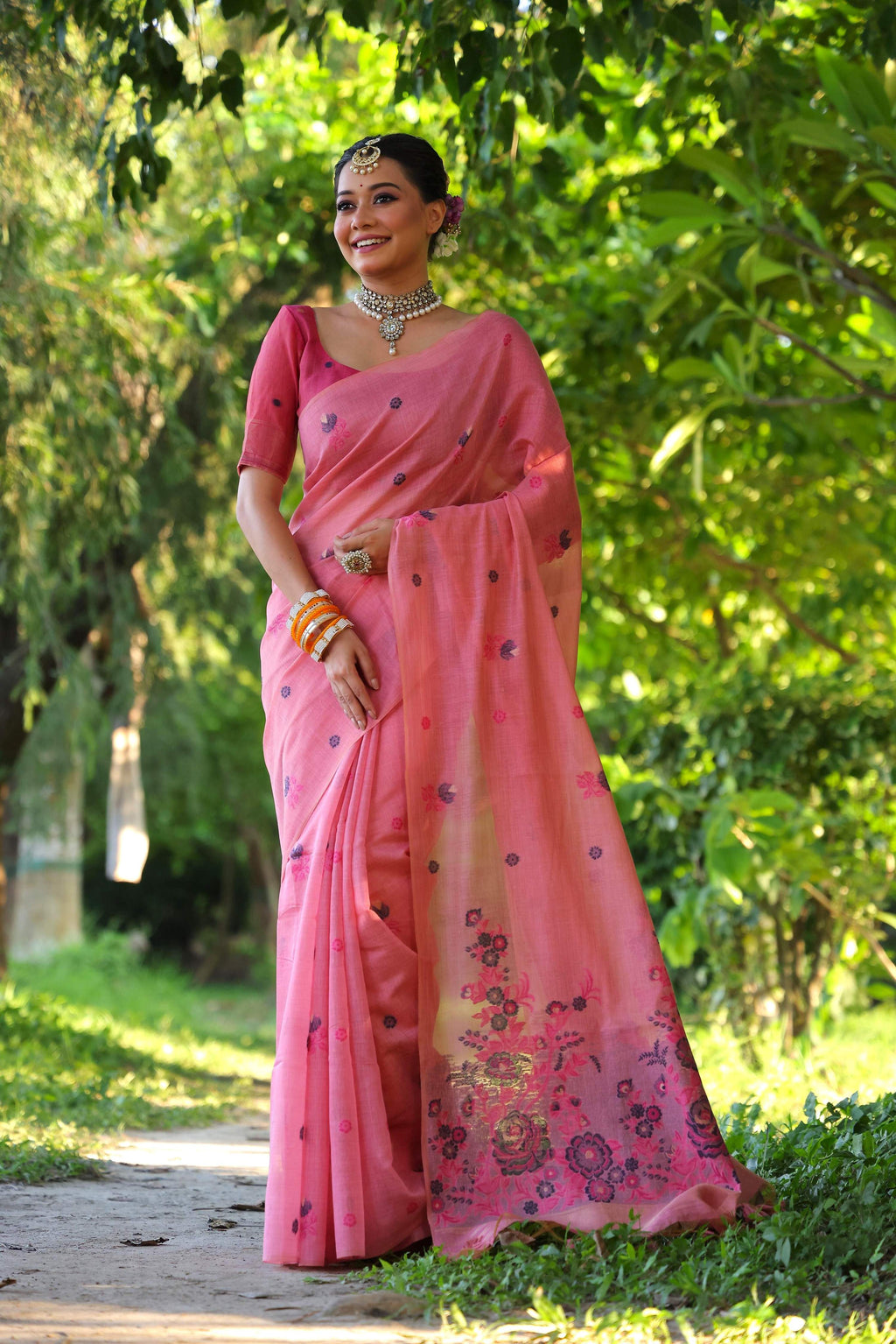 Jyoti Fashion Women's Pink Soft Muga Cotton Floral Weaving Traditional Saree with Blouse