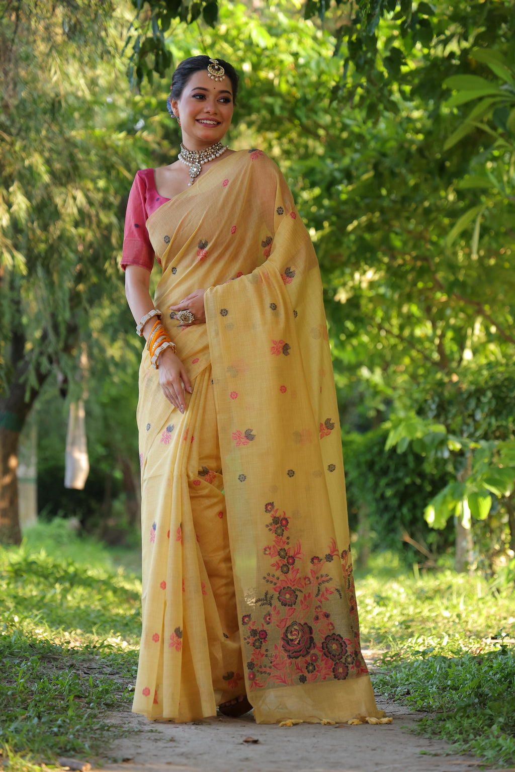 Jyoti Fashion Women's Mustard Soft Muga Cotton Floral Weaving Traditional Saree with Blouse