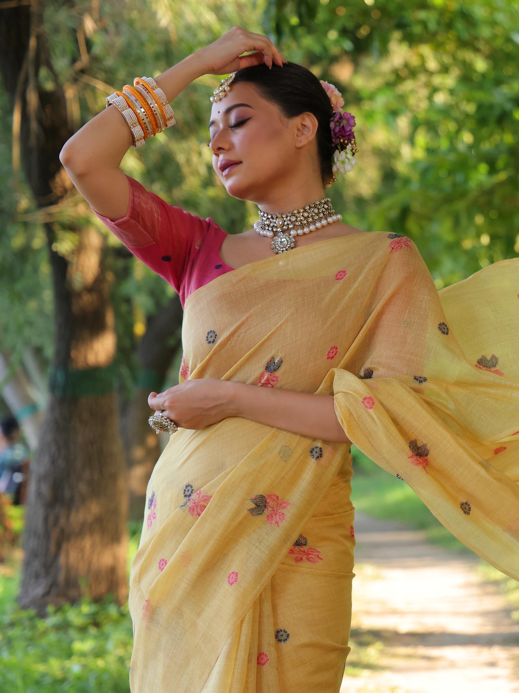 Jyoti Fashion Women's Mustard Soft Muga Cotton Floral Weaving Traditional Saree with Blouse