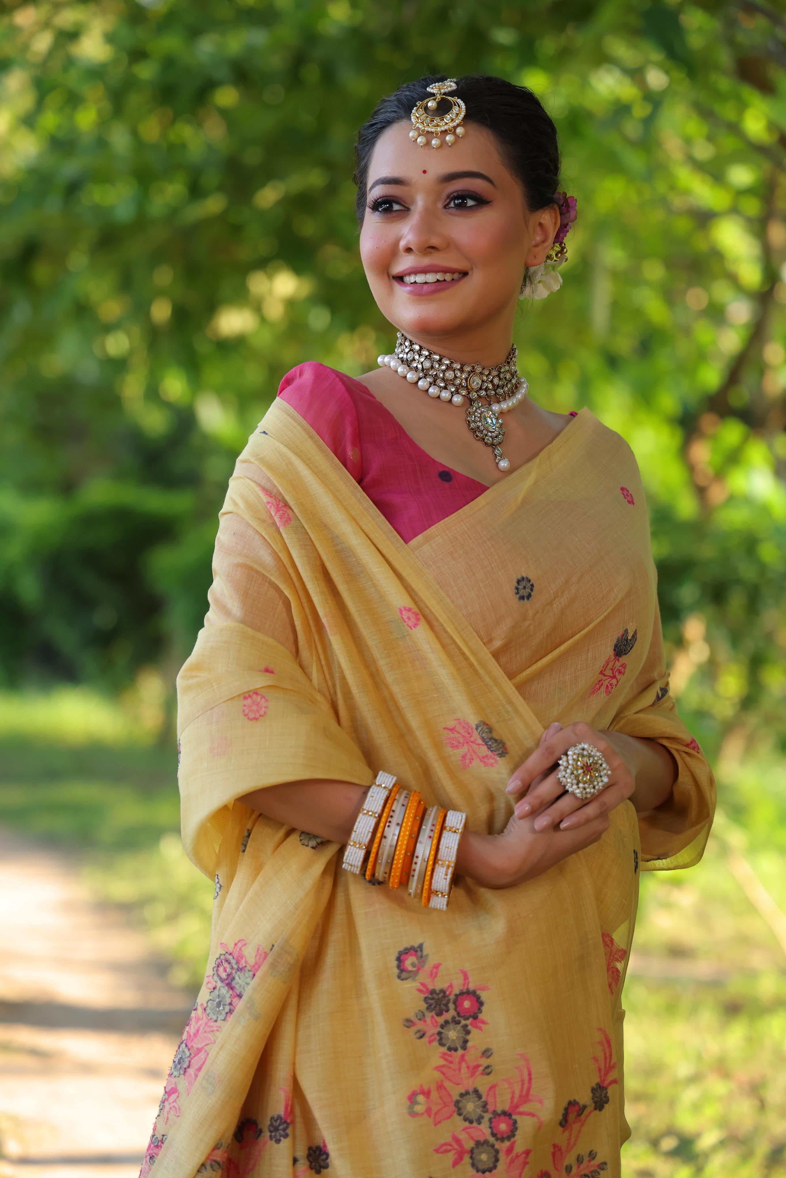 Jyoti Fashion Women's Mustard Soft Muga Cotton Floral Weaving Traditional Saree with Blouse