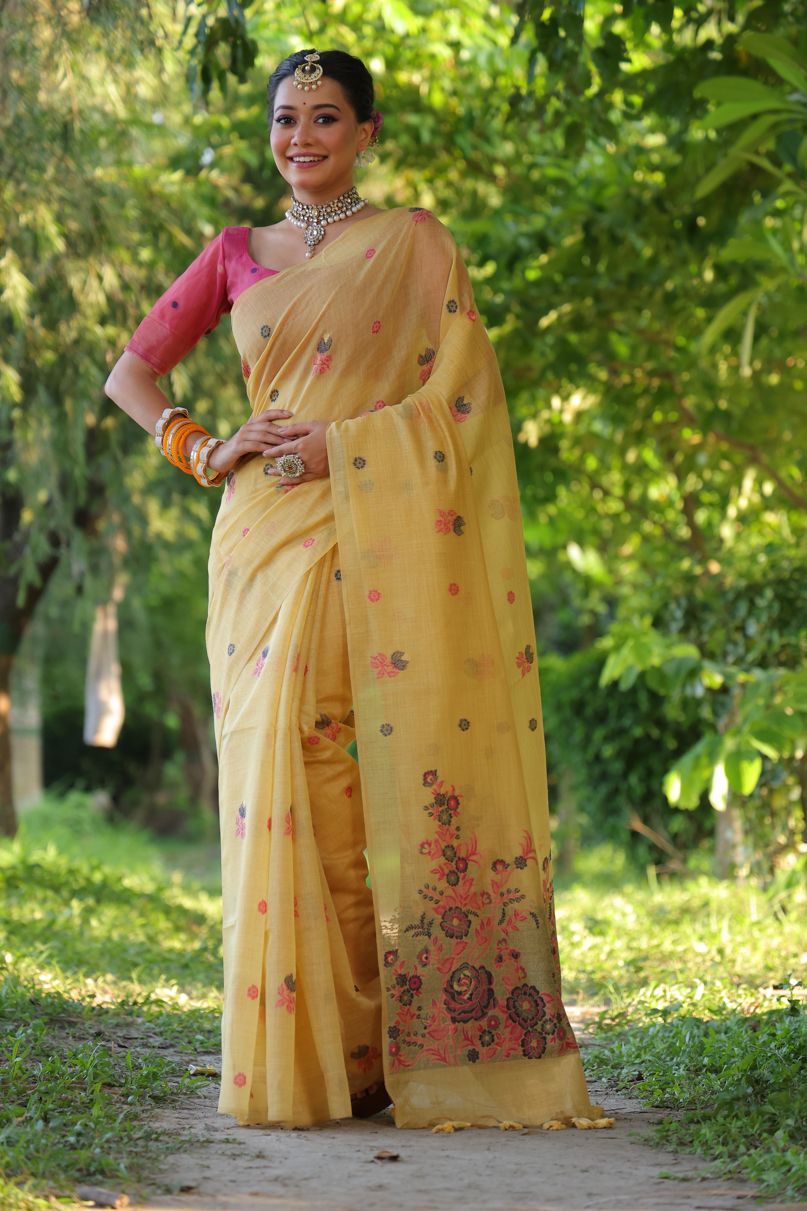 Jyoti Fashion Women's Mustard Soft Muga Cotton Floral Weaving Traditional Saree with Blouse