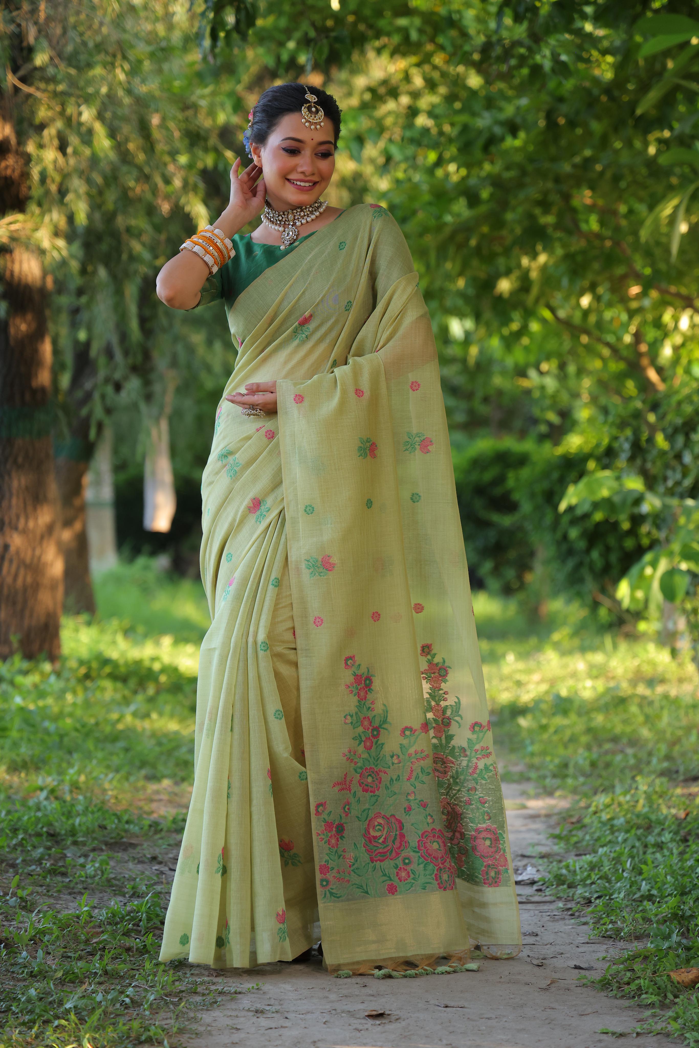 Jyoti Fashion Women's Sea Green Soft Muga Cotton Floral Weaving Traditional Saree with Blouse