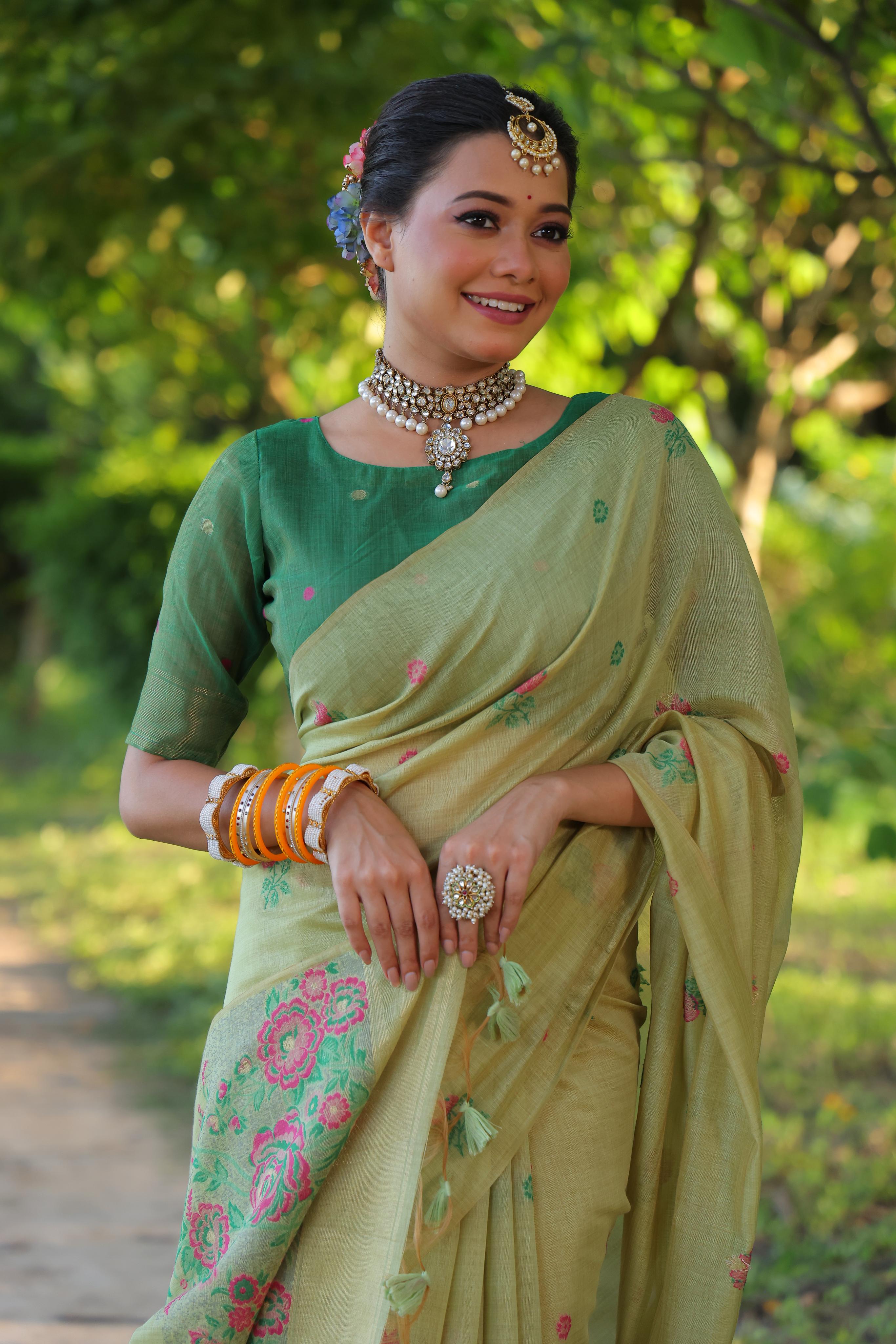 Jyoti Fashion Women's Sea Green Soft Muga Cotton Floral Weaving Traditional Saree with Blouse