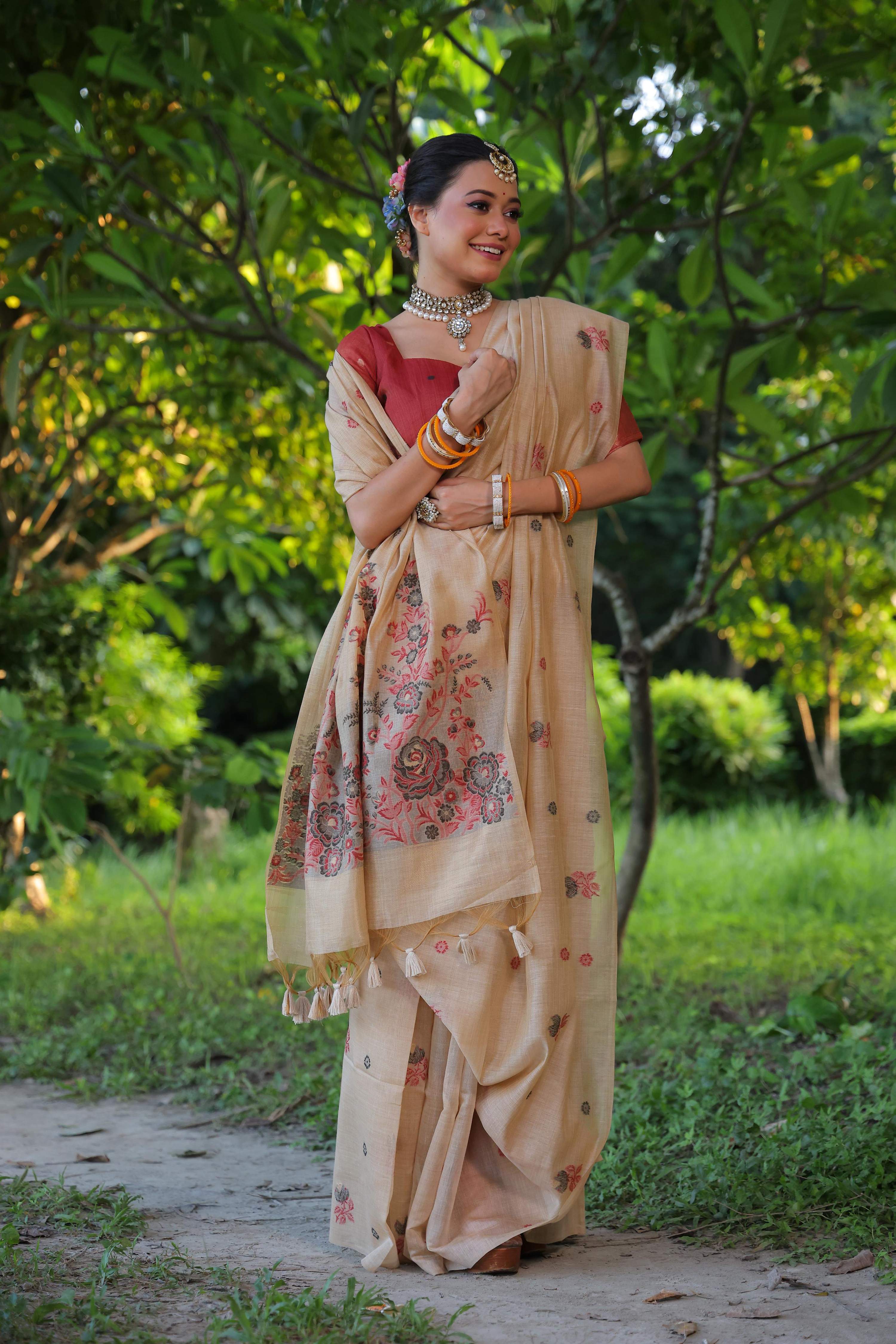 Jyoti Fashion Women's Beige Soft Muga Cotton Floral Weaving Traditional Saree with Blouse