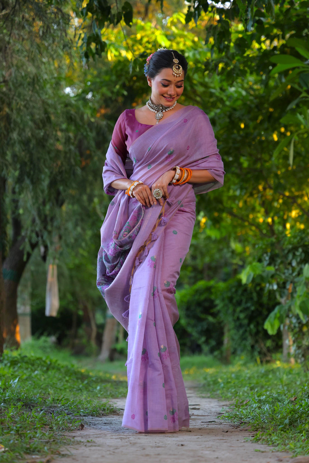 Jyoti Fashion Women's Purple Soft Muga Cotton Floral Weaving Traditional Saree with Blouse