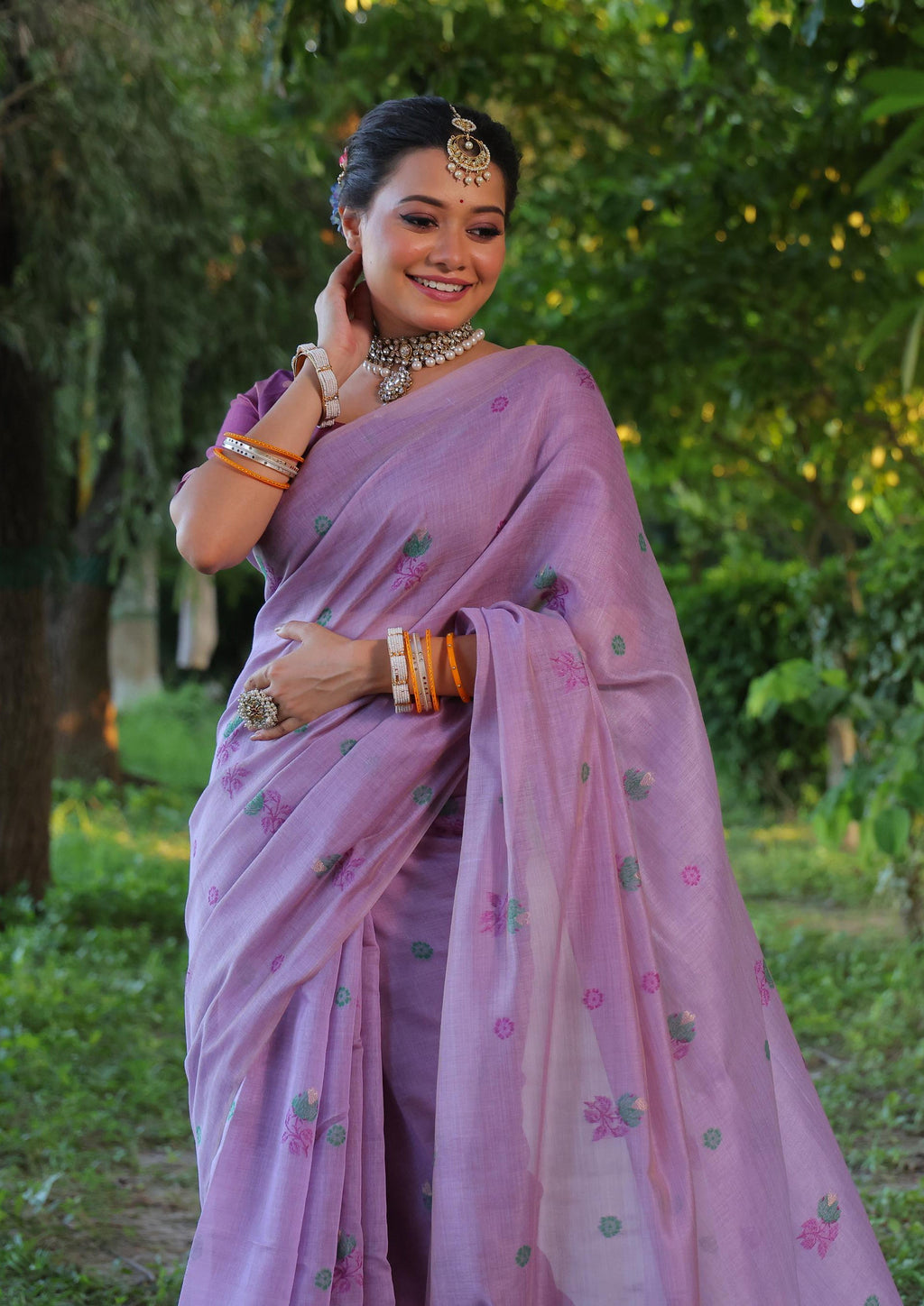 Jyoti Fashion Women's Purple Soft Muga Cotton Floral Weaving Traditional Saree with Blouse