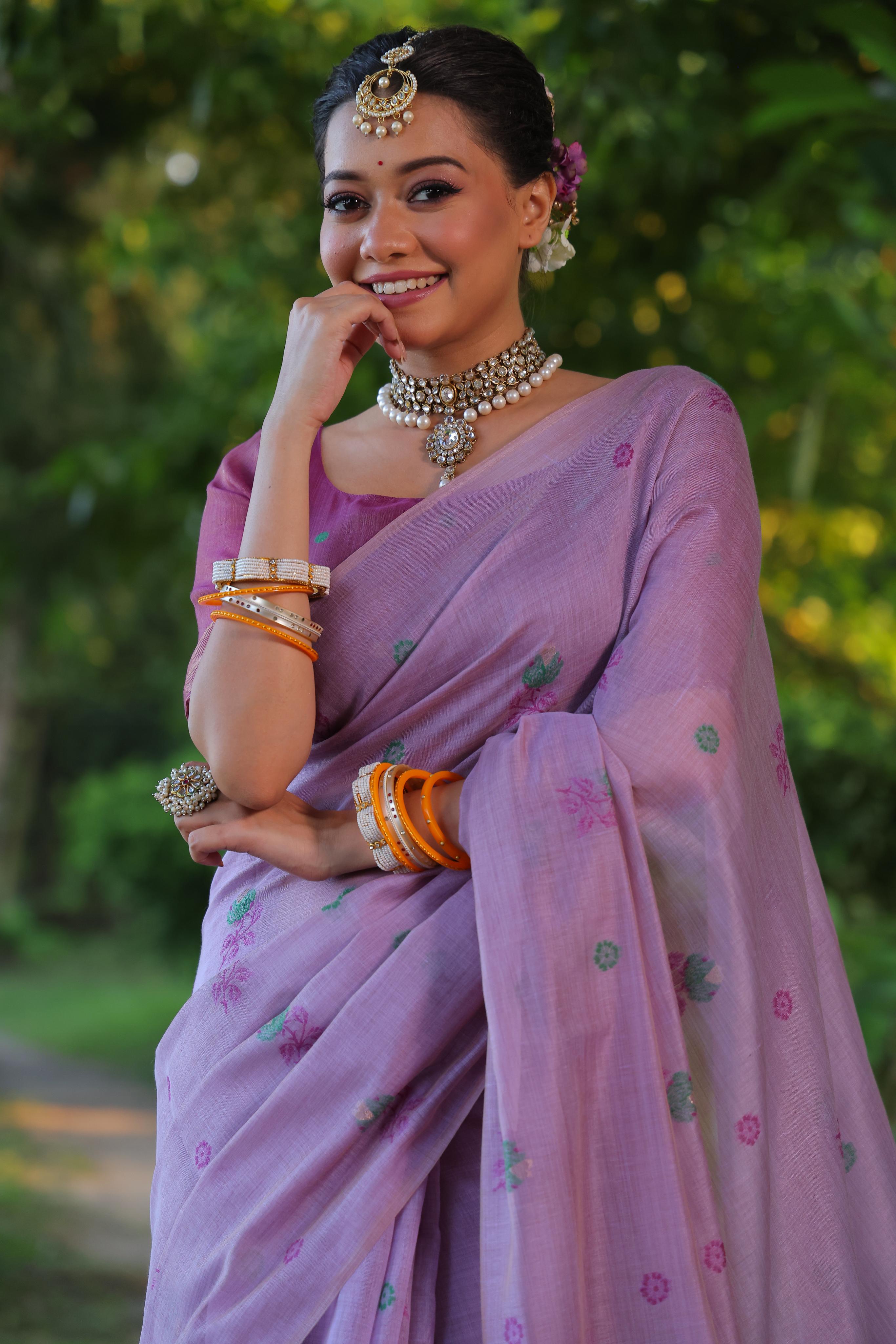 Jyoti Fashion Women's Purple Soft Muga Cotton Floral Weaving Traditional Saree with Blouse