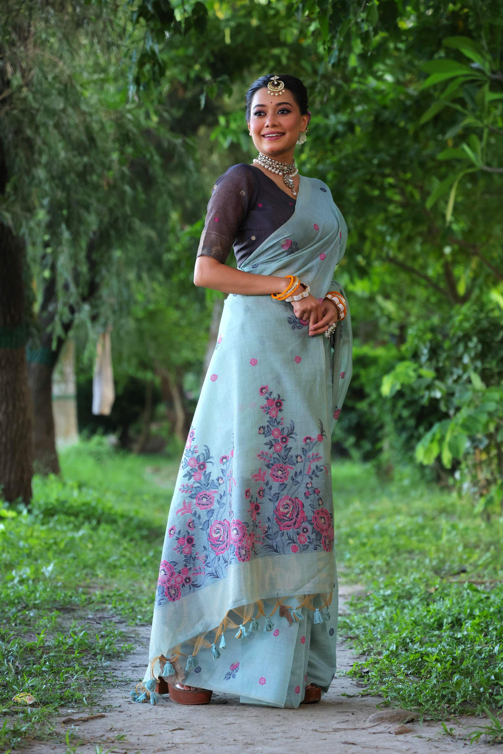 Jyoti Fashion Women's Sky Blue Soft Muga Cotton Floral Weaving Traditional Saree with Blouse