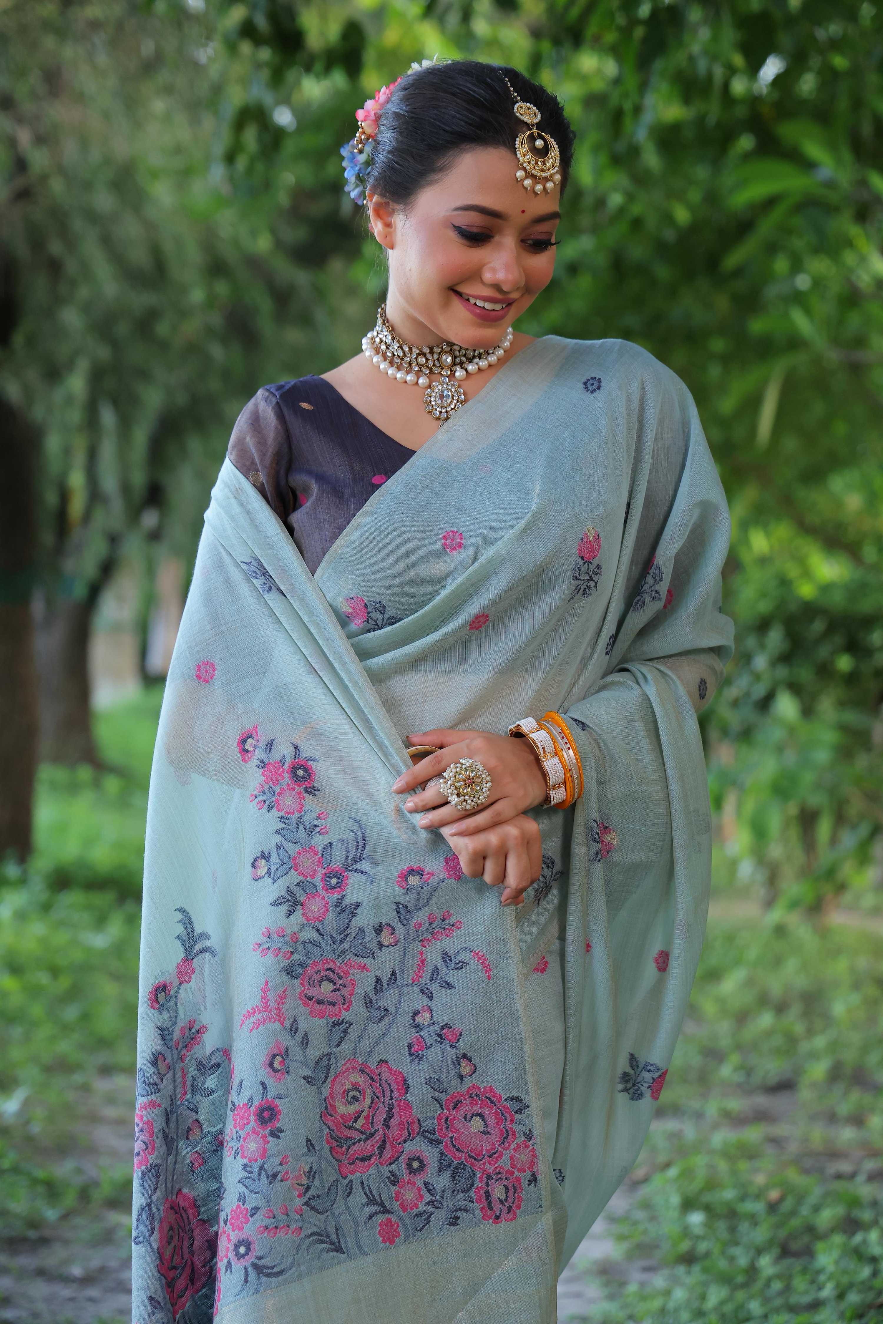 Jyoti Fashion Women's Sky Blue Soft Muga Cotton Floral Weaving Traditional Saree with Blouse