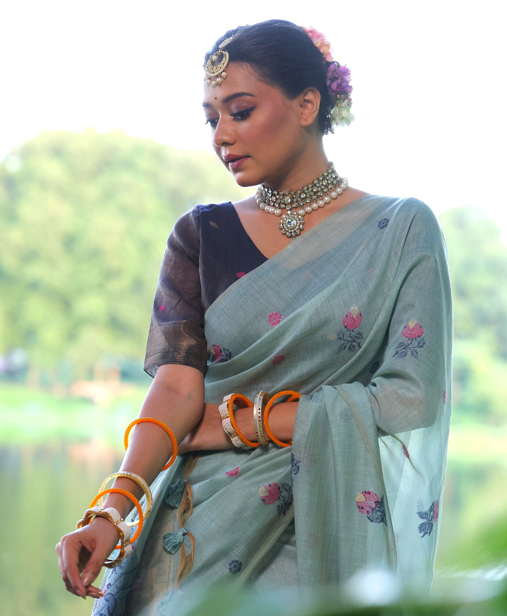 Jyoti Fashion Women's Sky Blue Soft Muga Cotton Floral Weaving Traditional Saree with Blouse