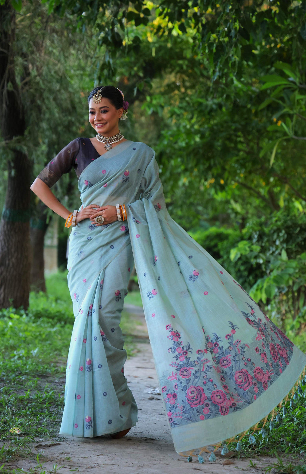 Jyoti Fashion Women's Sky Blue Soft Muga Cotton Floral Weaving Traditional Saree with Blouse