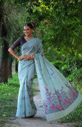 Jyoti Fashion Women's Sky Blue Soft Muga Cotton Floral Weaving Traditional Saree with Blouse