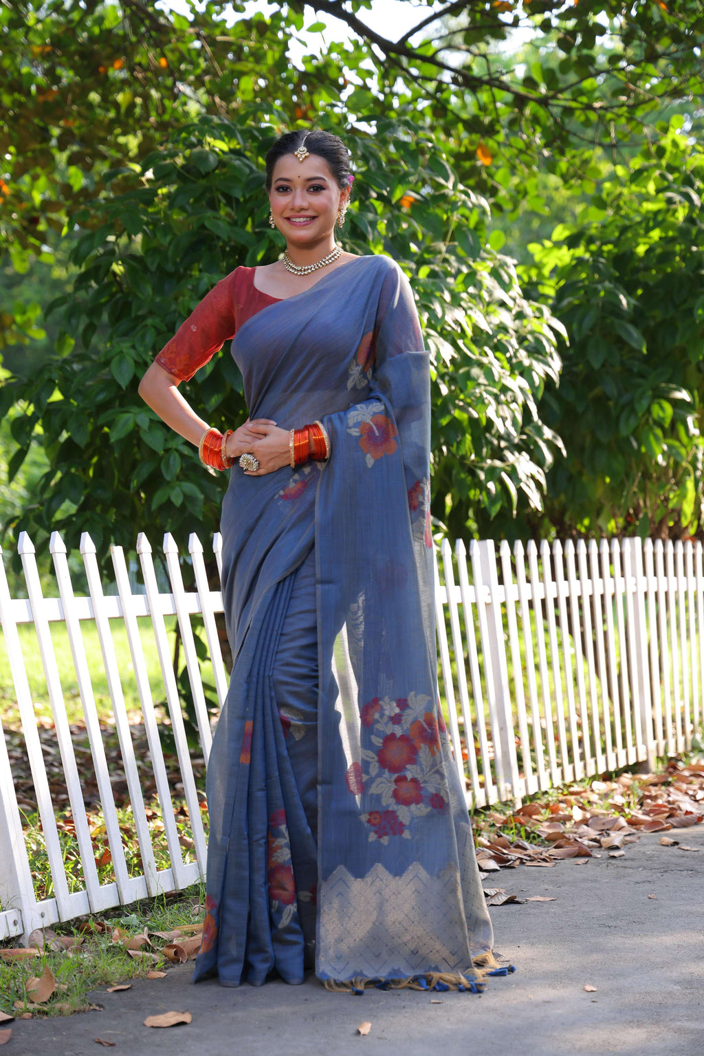 Jyoti Fashion Women's Blue Soft Muga Cotton Resham Jamdani Weaving Traditional Saree with Blouse