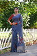 Jyoti Fashion Women's Blue Soft Muga Cotton Resham Jamdani Weaving Traditional Saree with Blouse