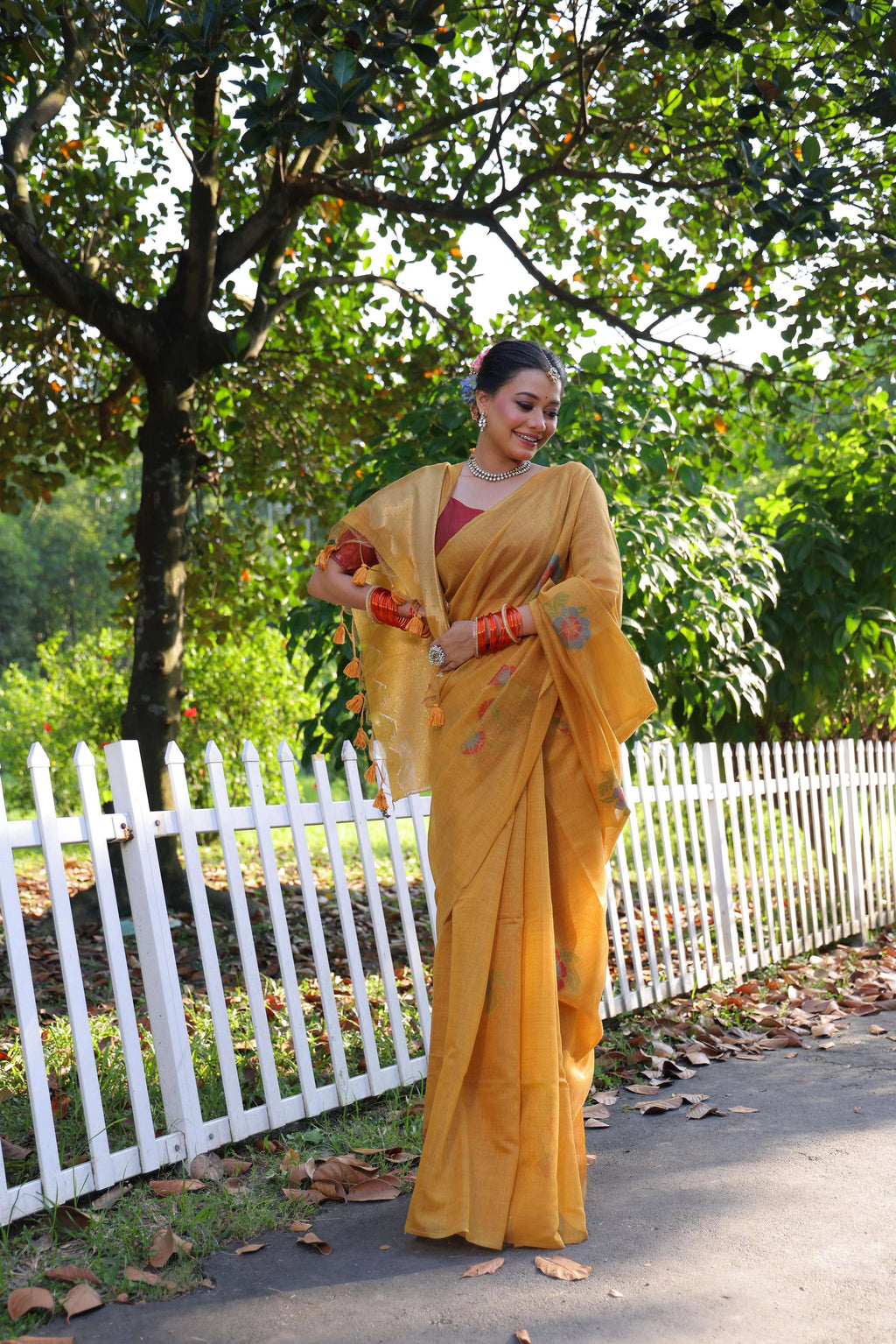Jyoti Fashion Women's Mustard Soft Muga Cotton Resham Jamdani Weaving Traditional Saree with Blouse