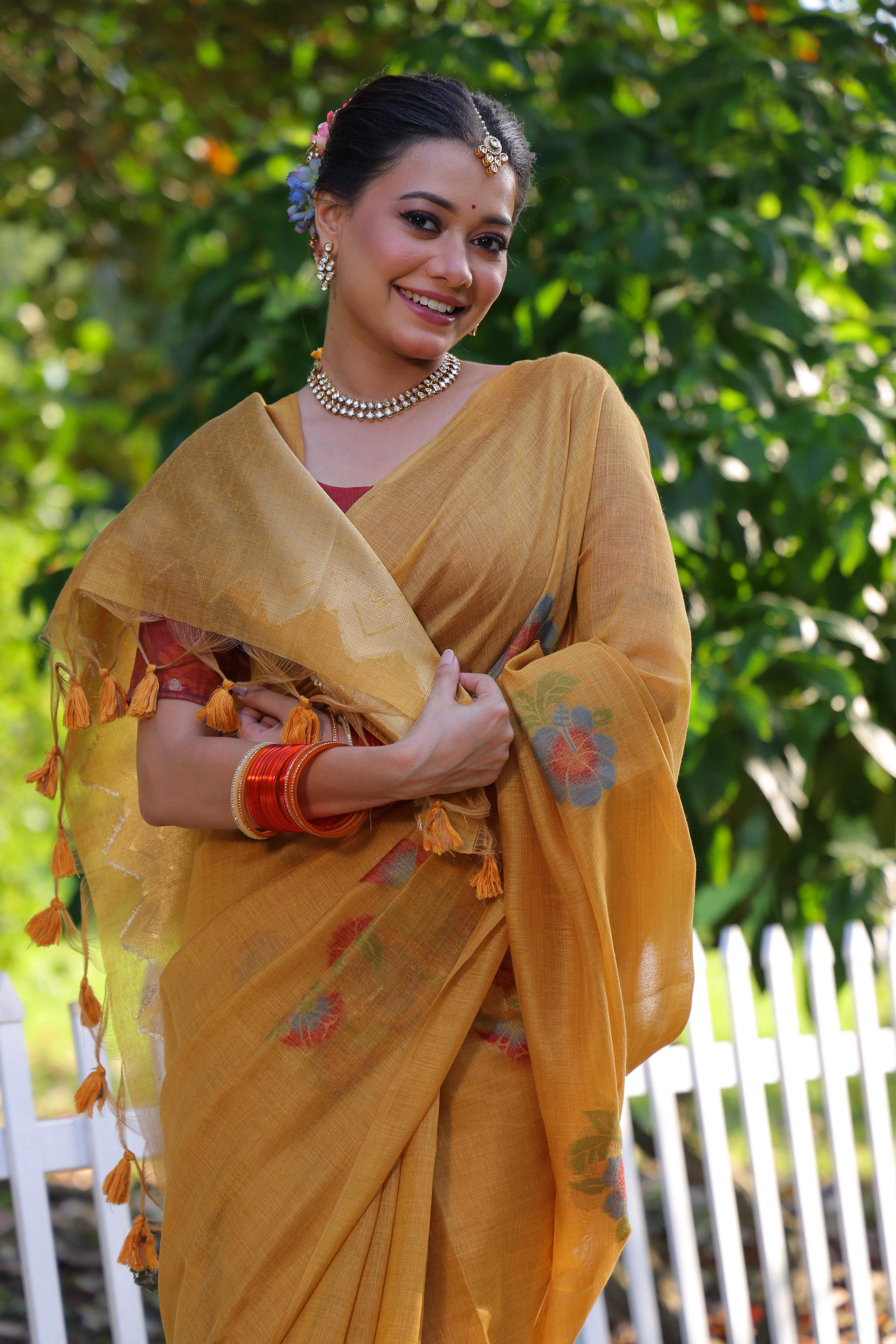 Jyoti Fashion Women's Mustard Soft Muga Cotton Resham Jamdani Weaving Traditional Saree with Blouse