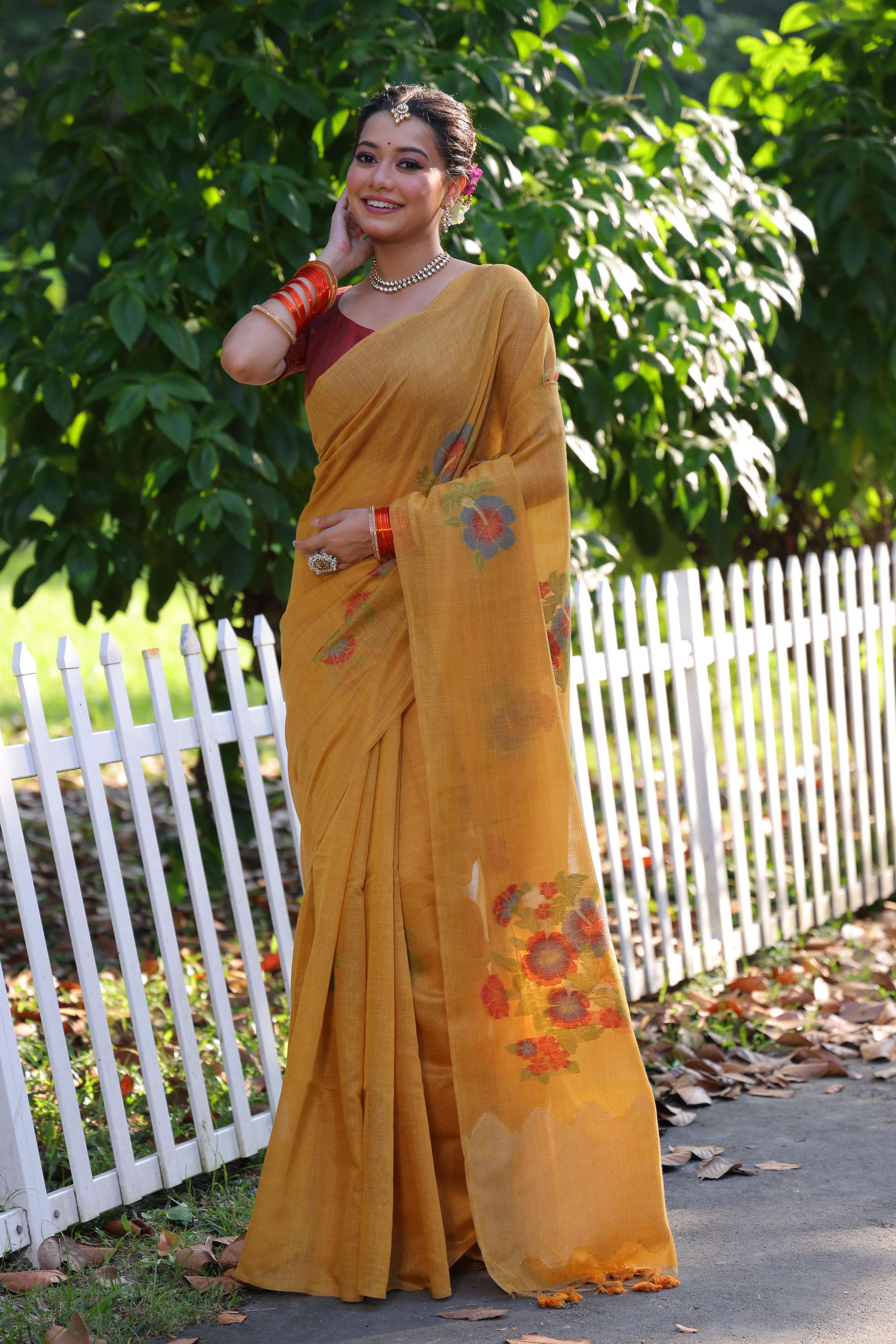 Jyoti Fashion Women's Mustard Soft Muga Cotton Resham Jamdani Weaving Traditional Saree with Blouse