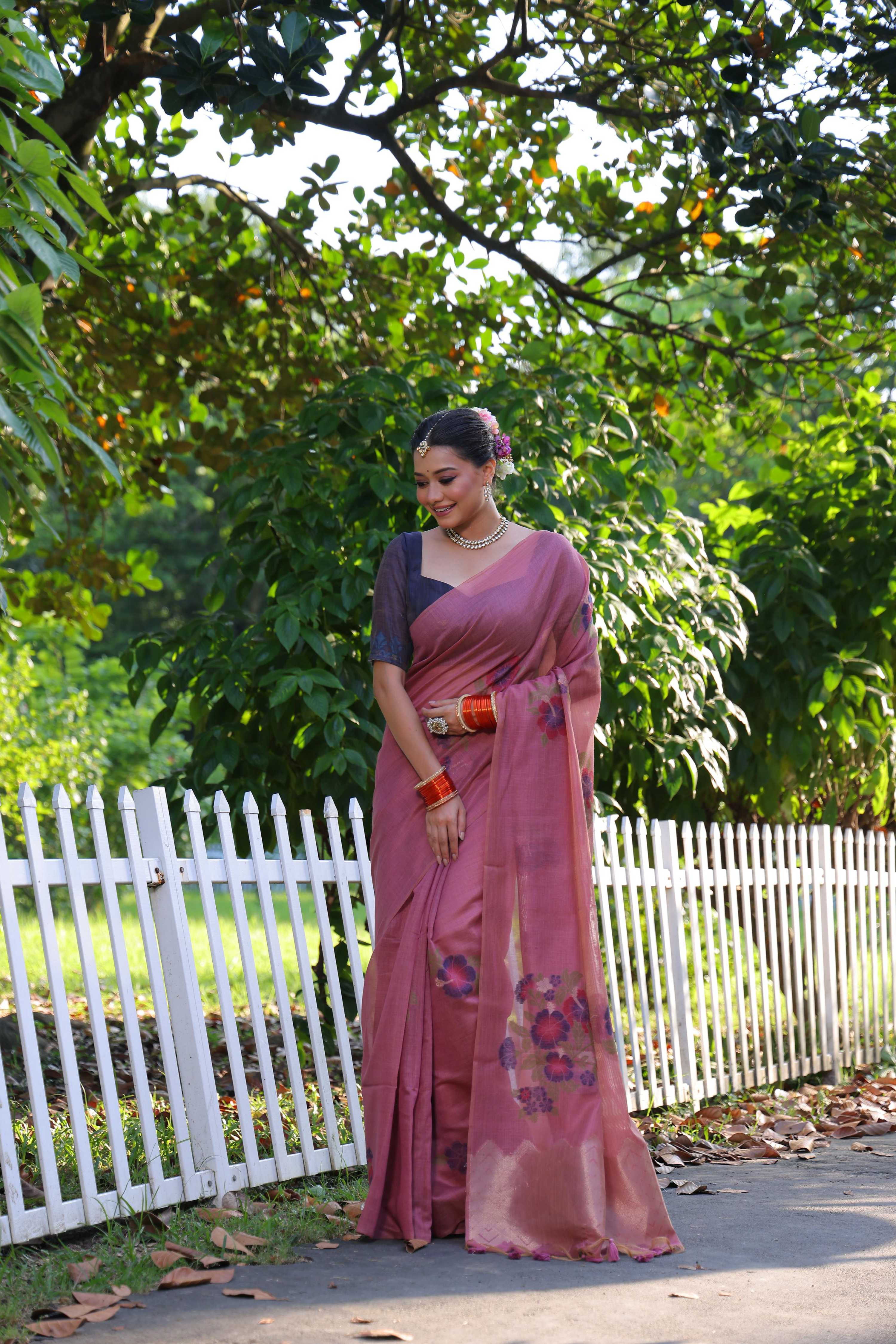Jyoti Fashion Women's Pink Soft Muga Cotton Resham Jamdani Weaving Traditional Saree with Blouse