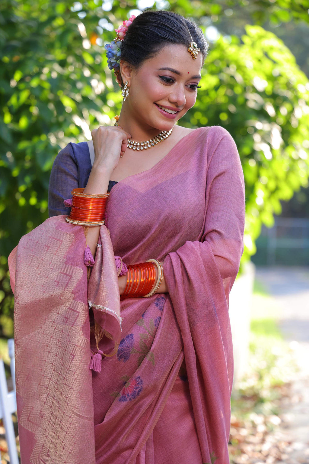 Jyoti Fashion Women's Pink Soft Muga Cotton Resham Jamdani Weaving Traditional Saree with Blouse