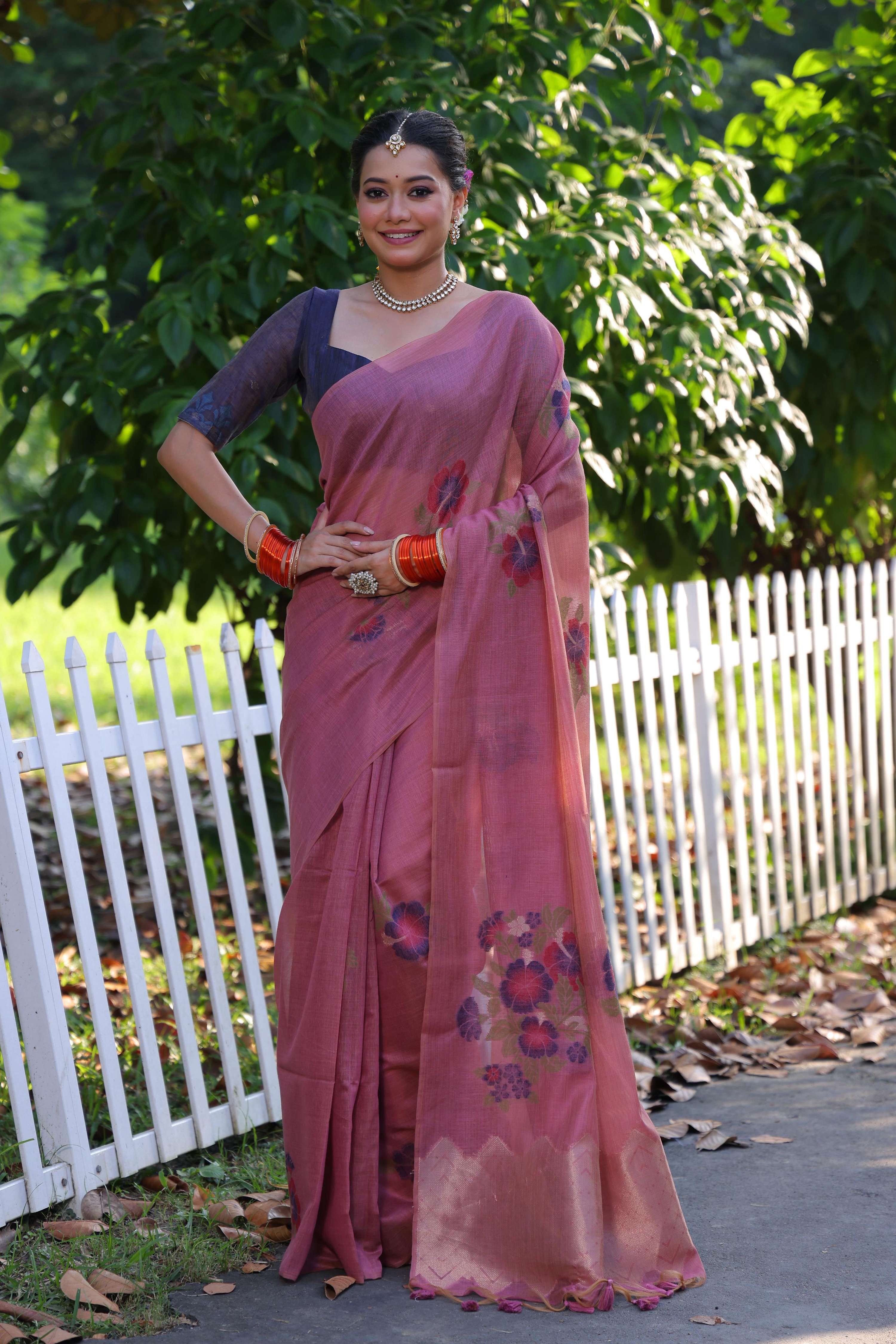 Jyoti Fashion Women's Pink Soft Muga Cotton Resham Jamdani Weaving Traditional Saree with Blouse