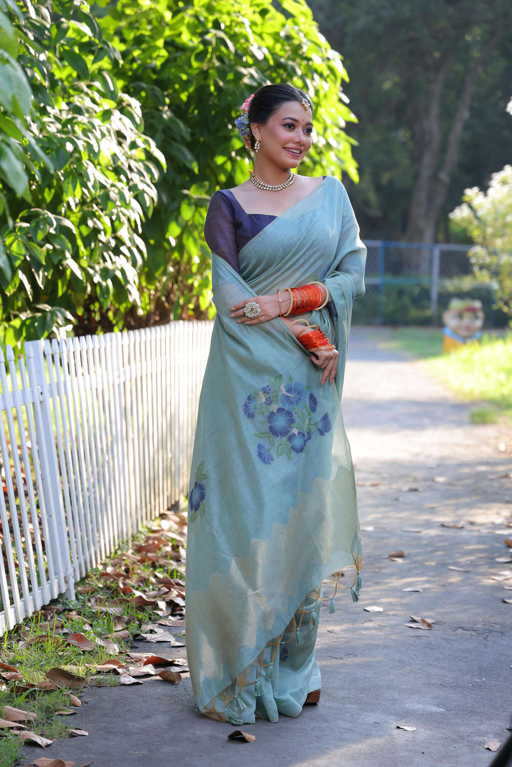 Jyoti Fashion Women's Sky Blue Soft Muga Cotton Resham Jamdani Weaving Traditional Saree with Blouse