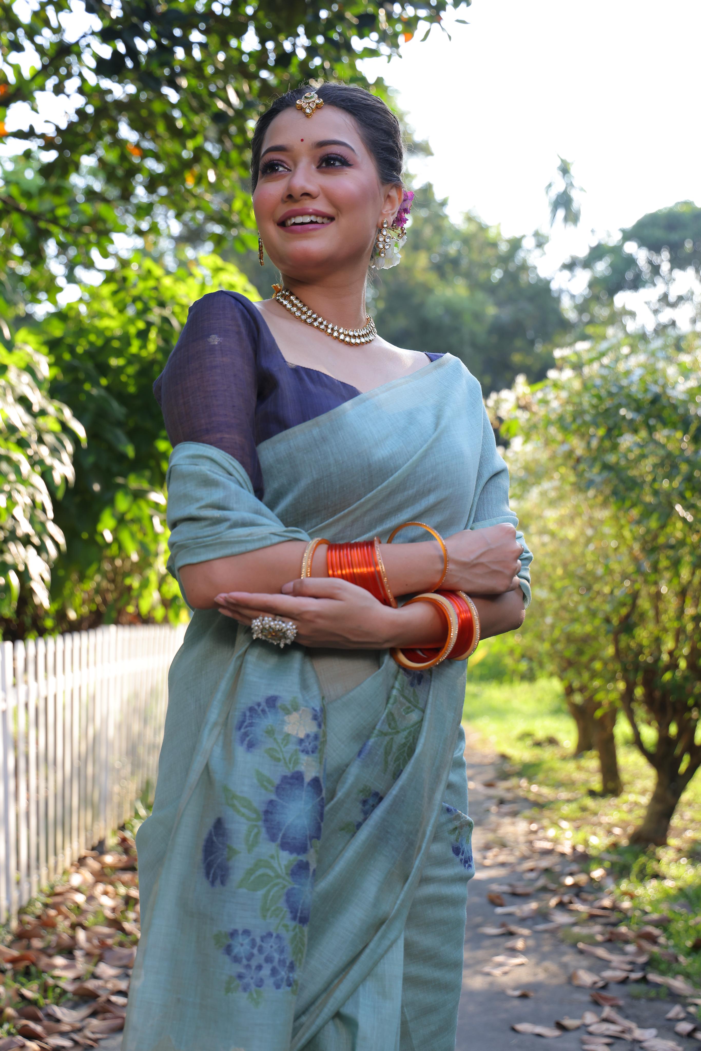 Jyoti Fashion Women's Sky Blue Soft Muga Cotton Resham Jamdani Weaving Traditional Saree with Blouse