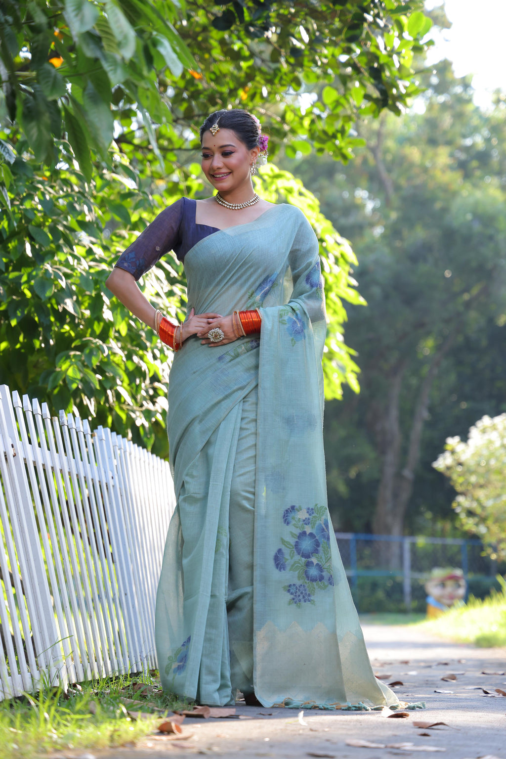 Jyoti Fashion Women's Sky Blue Soft Muga Cotton Resham Jamdani Weaving Traditional Saree with Blouse