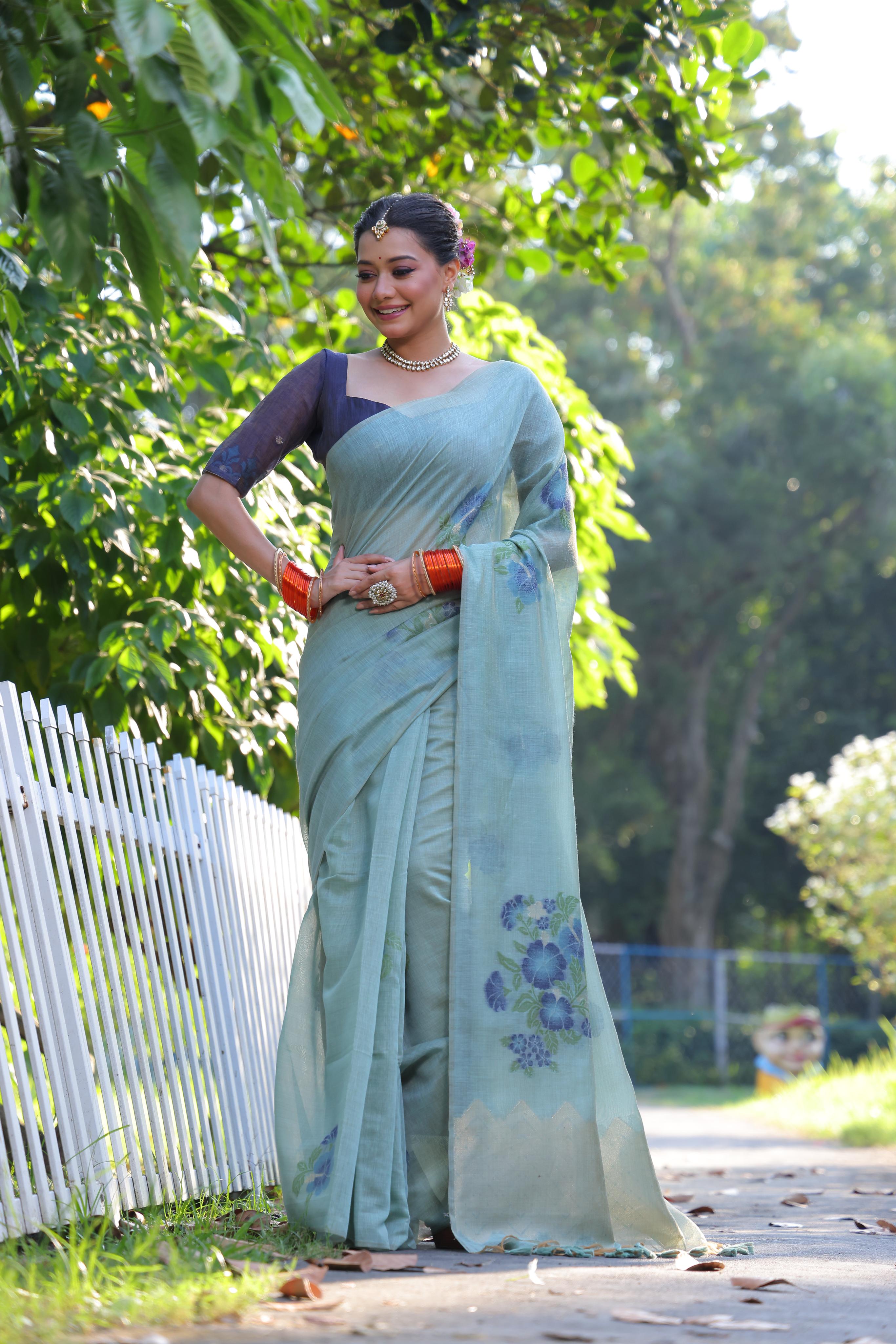 Jyoti Fashion Women's Sky Blue Soft Muga Cotton Resham Jamdani Weaving Traditional Saree with Blouse